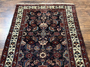 Navy Blue Antique Persian Rug 3x6, Blue and Ivory Persian Carpet, Handmade 1920s Hamadan Rug