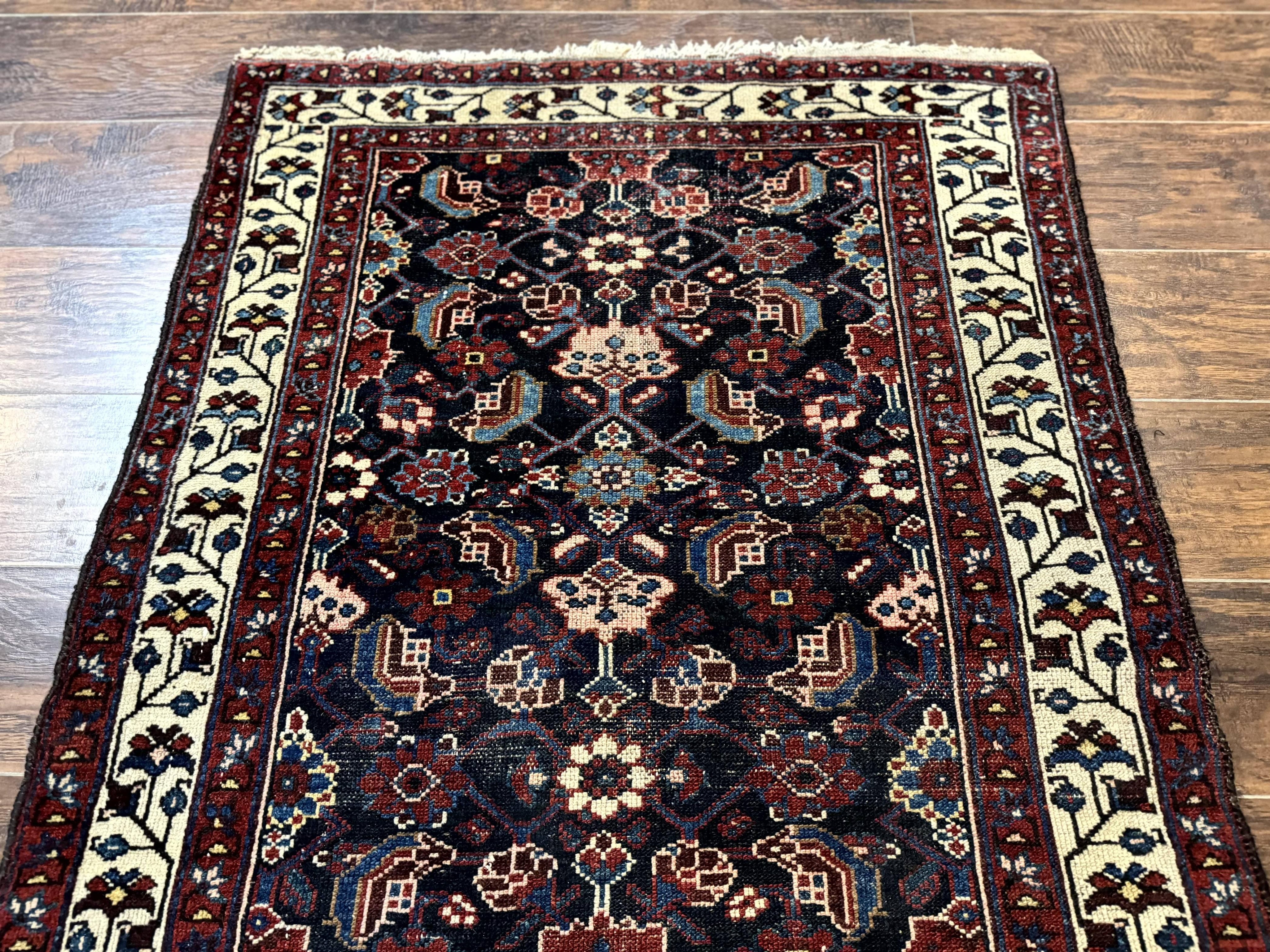 Navy Blue Antique Persian Rug 3x6, Blue and Ivory Persian Carpet, Handmade 1920s Hamadan Rug