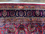 Palace Size Persian Mashad Rug 12x16, Raspberry and Navy Blue, Signature from Master Weaver, Antique Handmade Large Wool Carpet