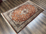 Persian Qum Silk Rug 5x7 - Floral Medallion, Birds, Orange-Red