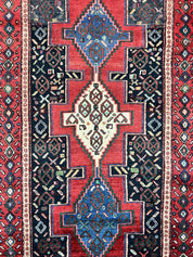 Persian Kurdish Senneh Runner Rug 3x9, Red Navy Blue, Medallions Wool Tribal Runner for Kitchen/Hallway 9ft Antique Handmade Oriental Runner