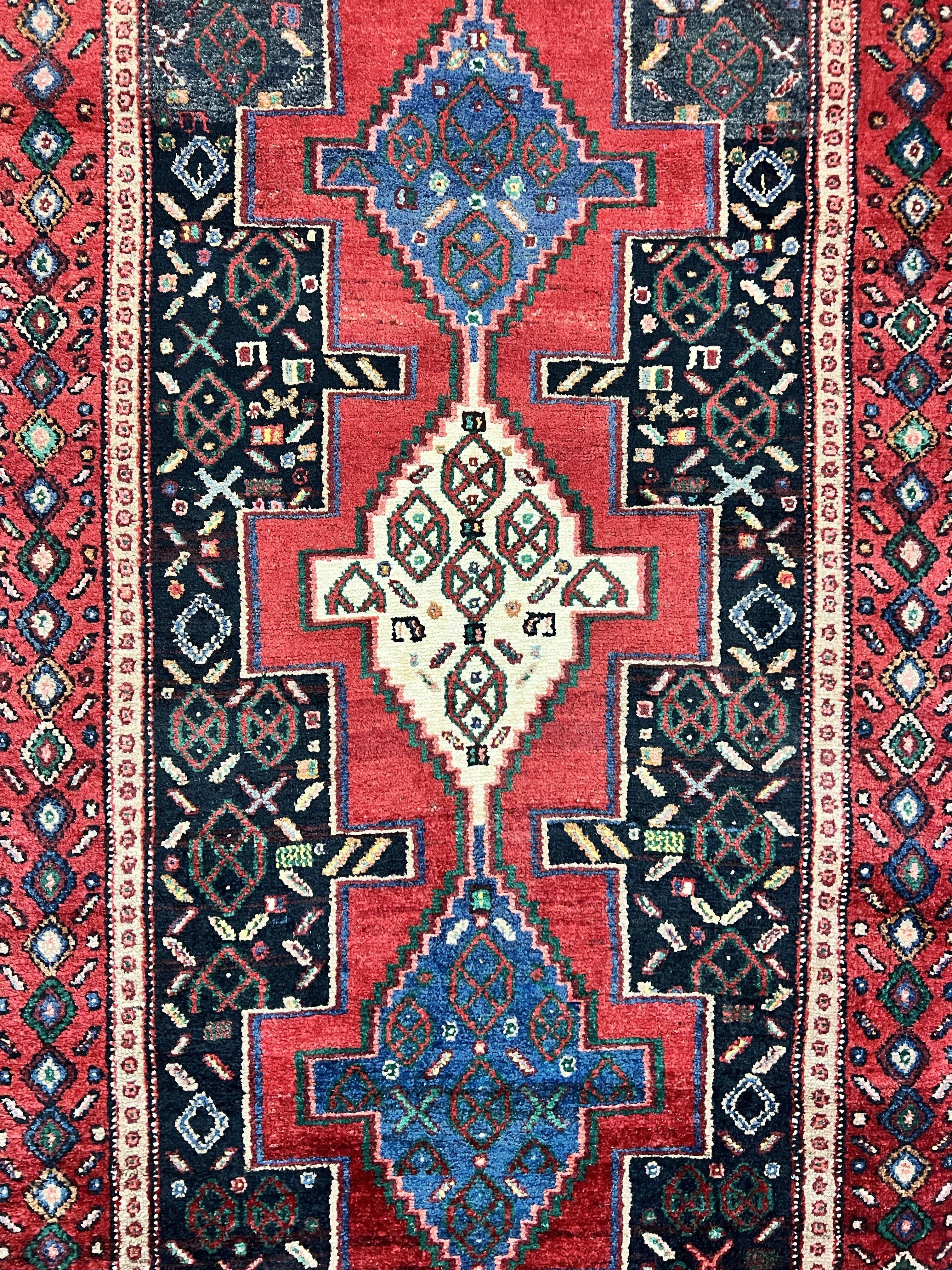 Persian Kurdish Senneh Runner Rug 3x9, Red Navy Blue, Medallions Wool Tribal Runner for Kitchen/Hallway 9ft Antique Handmade Oriental Runner