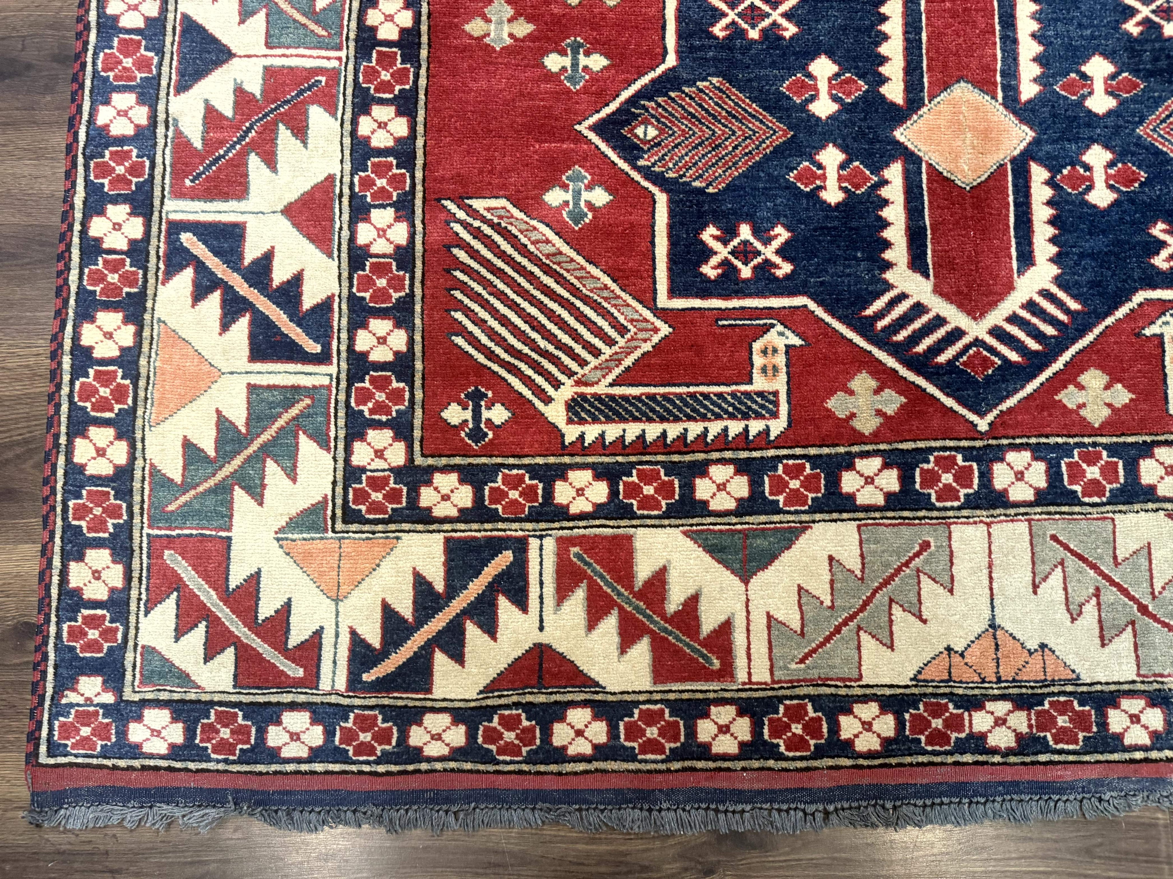 Turkish Kazak Rug 6x8, Caucasian Design, Geometric Medallions, Red Blue Beige