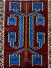 Persian Tribal Rug 1.8 x 2, Small Balouchi Rug, Unique Design, Burgundy and Blue