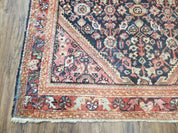 Antique Persian Mahal Area Rug 4.4 x 6.6, Wool Hand-Knotted Shabby Chic Oriental Rug, Red Black 1930s Foyer Room Carpet, Low Pile Boho Rug