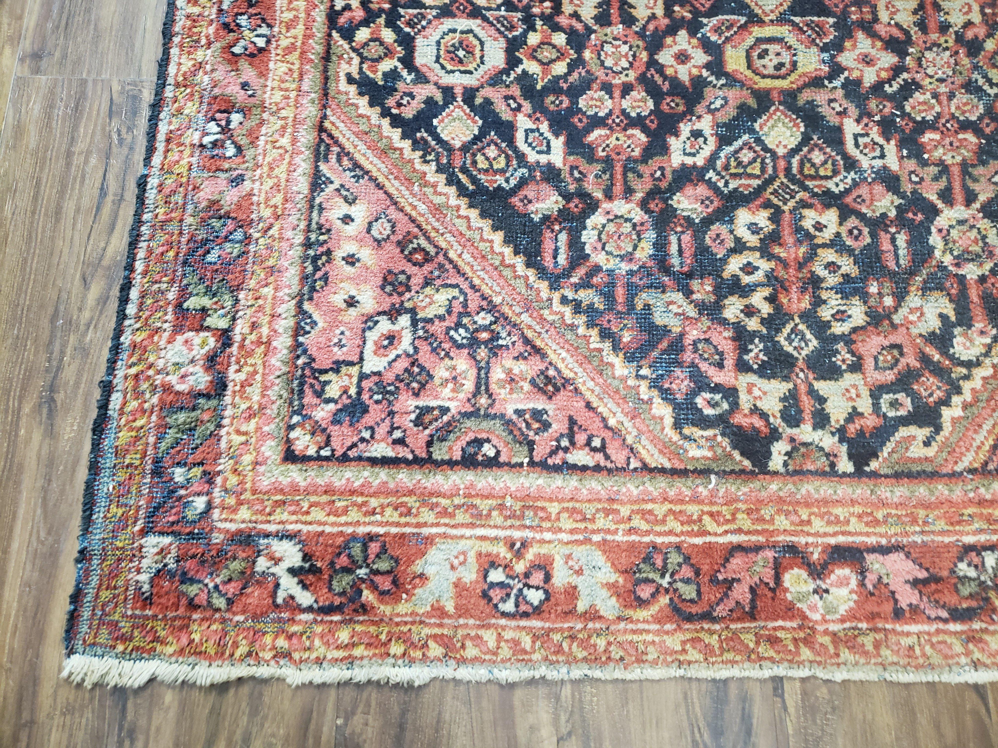 Antique Persian Mahal Area Rug 4.4 x 6.6, Wool Hand-Knotted Shabby Chic Oriental Rug, Red Black 1930s Foyer Room Carpet, Low Pile Boho Rug