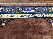 Antique Chinese Wool Rug 9x11, Large Chinese Art Deco Rug, Peking Rug, Brown and Blue, Open Field, Fete Rug