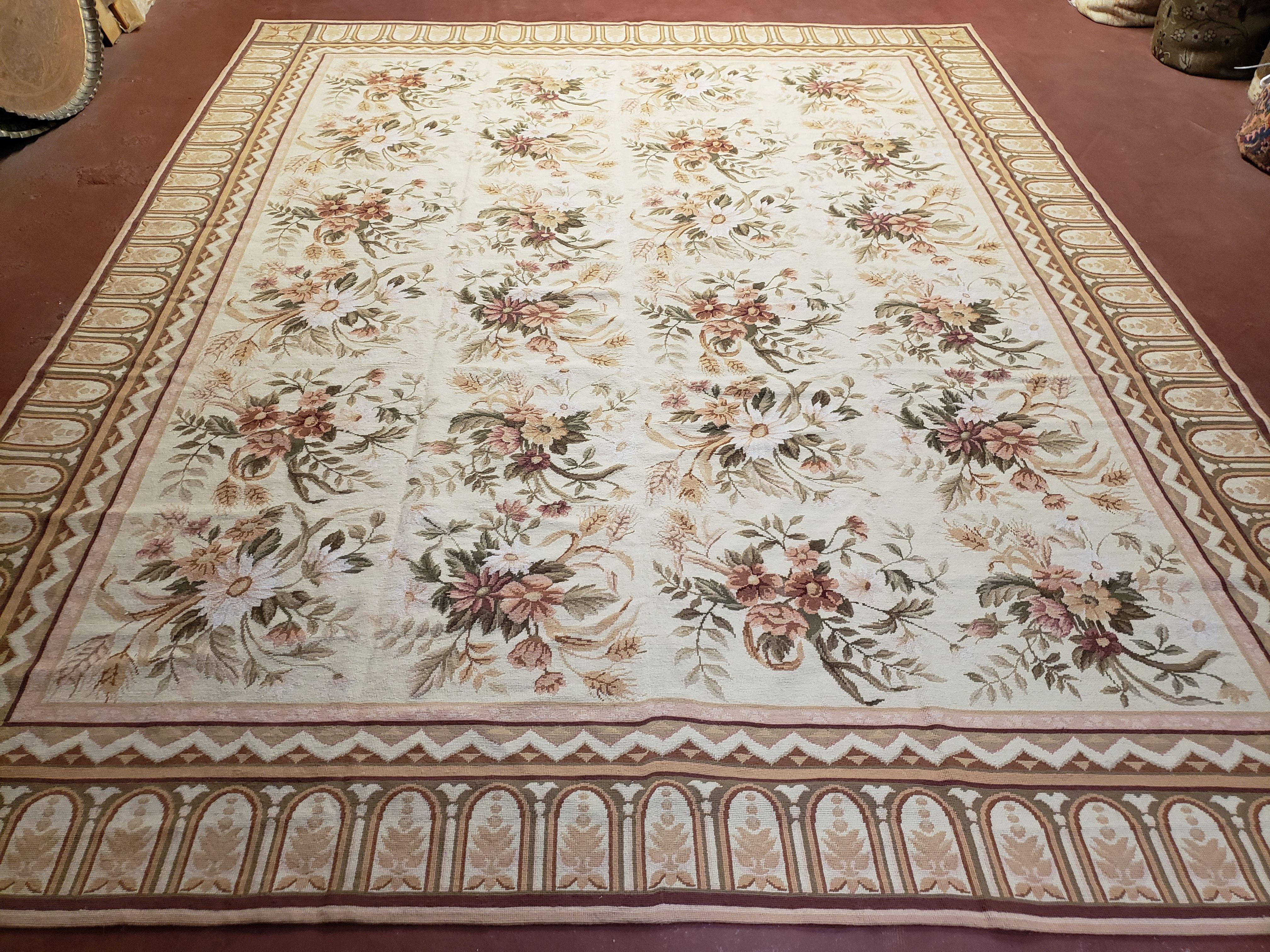 Needlepoint Rug 8x10 Aubusson Rug Victorian Floral Rug Handmade French Style French Decor Garden Panel Beige 8 x 10 Area Rug 100% Wool