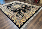 Aubusson Rug 9x12, Black and Beige, Floral, Elegant Handmade French European Design Carpet