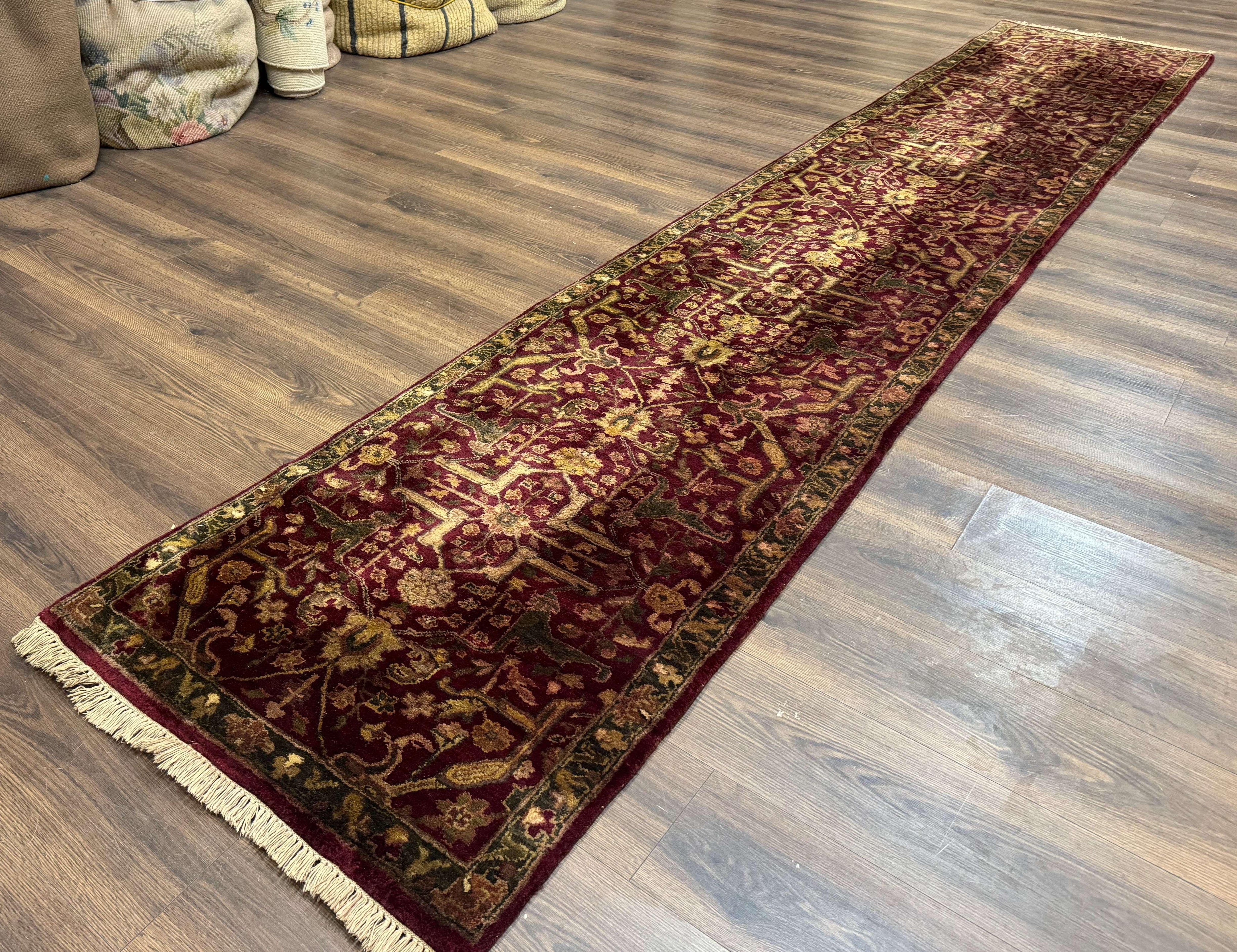 Indo Persian Runner Rug 2.7 x 13.8, Maroon, Wool, Handmade Indian Rug for Hallway