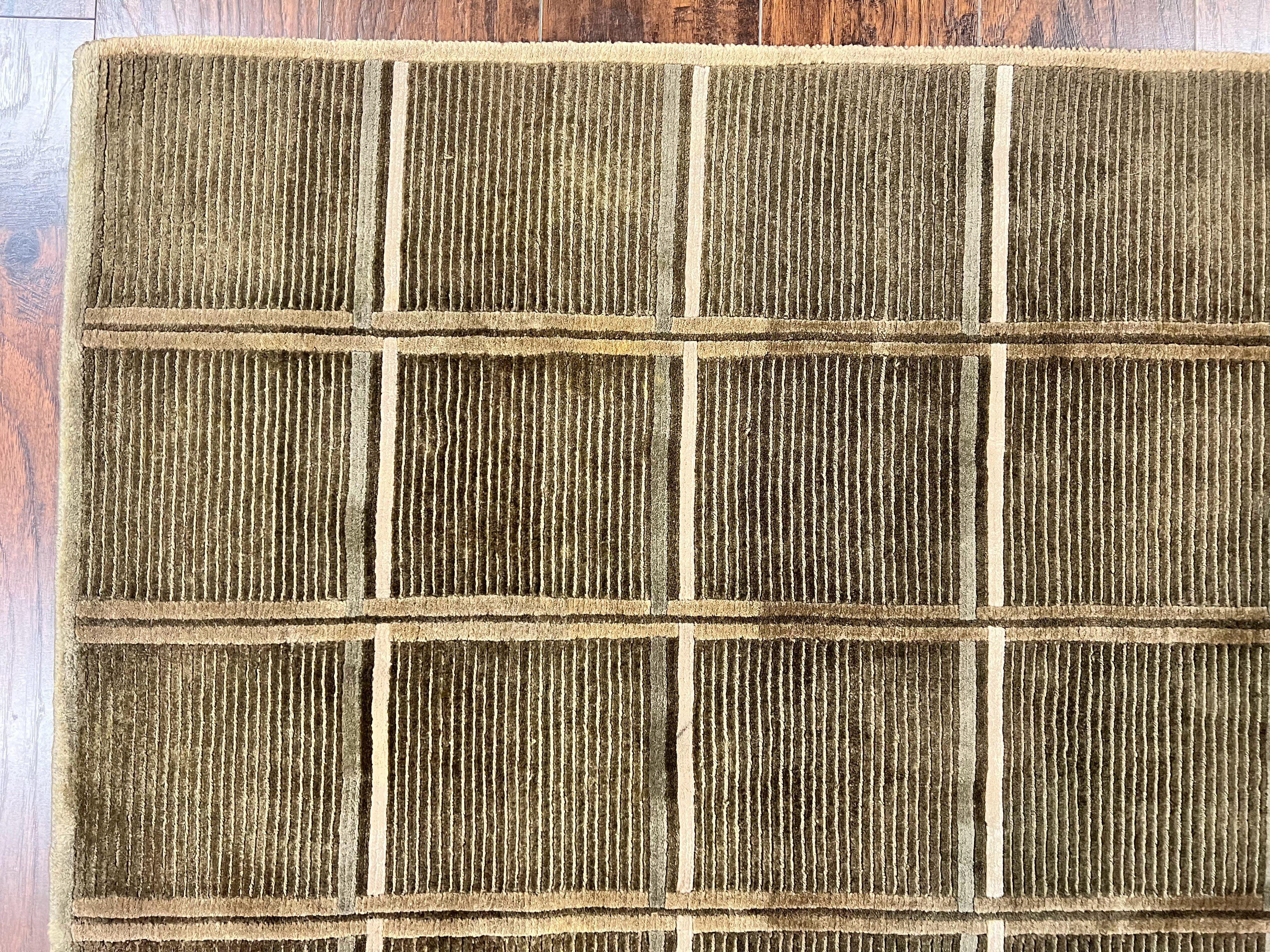 Tibetan Rug 4x6, Green Wool Handmade Area Rug 4 x 6, Panel Design, Modern Contemporary