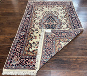 Indian Kashmiri Rug 4x6, Ivory Beige Navy Blue, Traditional Indo Persian Rug