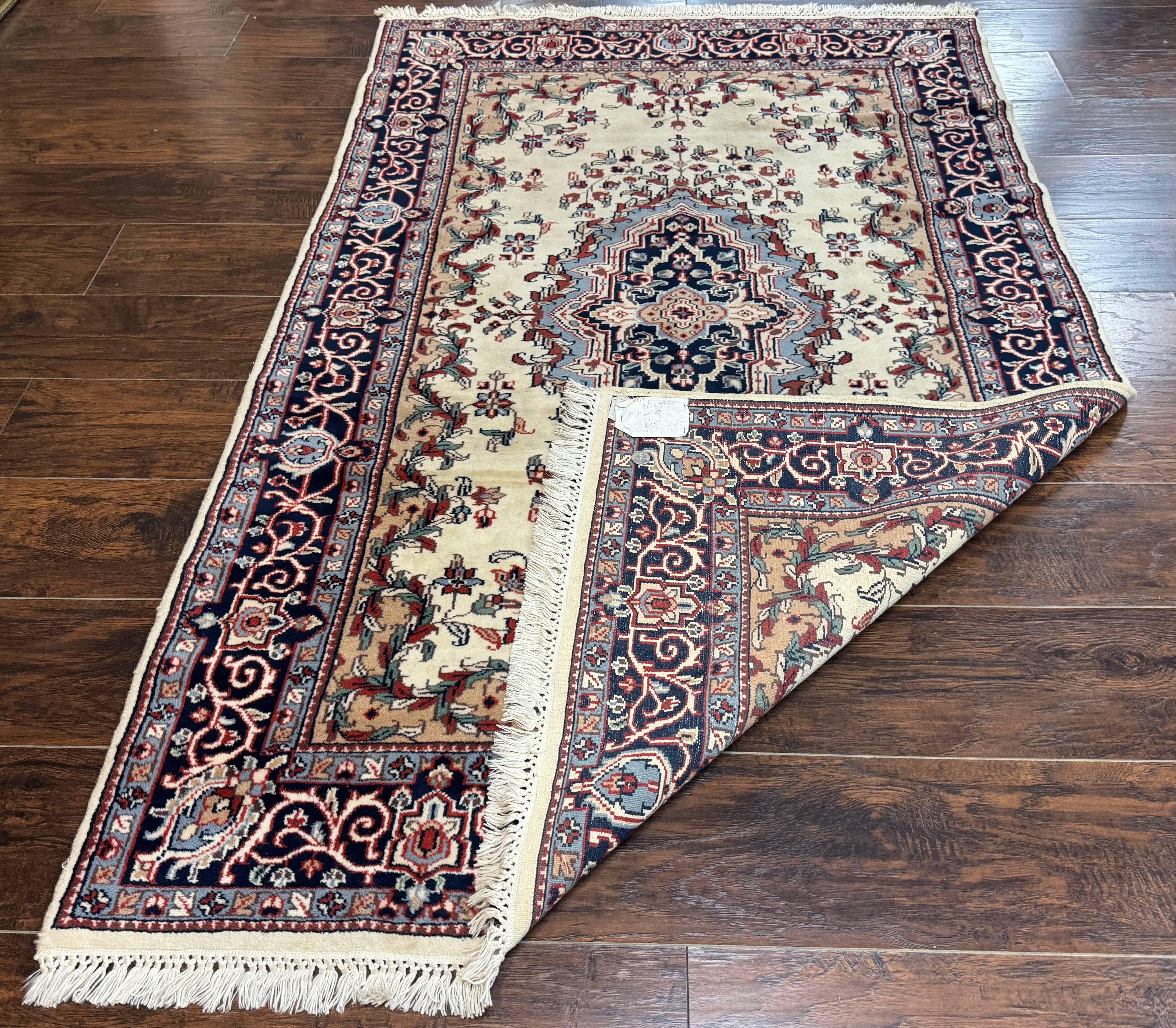 Indian Kashmiri Rug 4x6, Ivory Beige Navy Blue, Traditional Indo Persian Rug