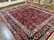 Signed Persian Mashad Rug 8x10, Wool Oriental Carpet, Semi Antique Rug, Hand Knotted, Traditional, Red, Floral Allover,