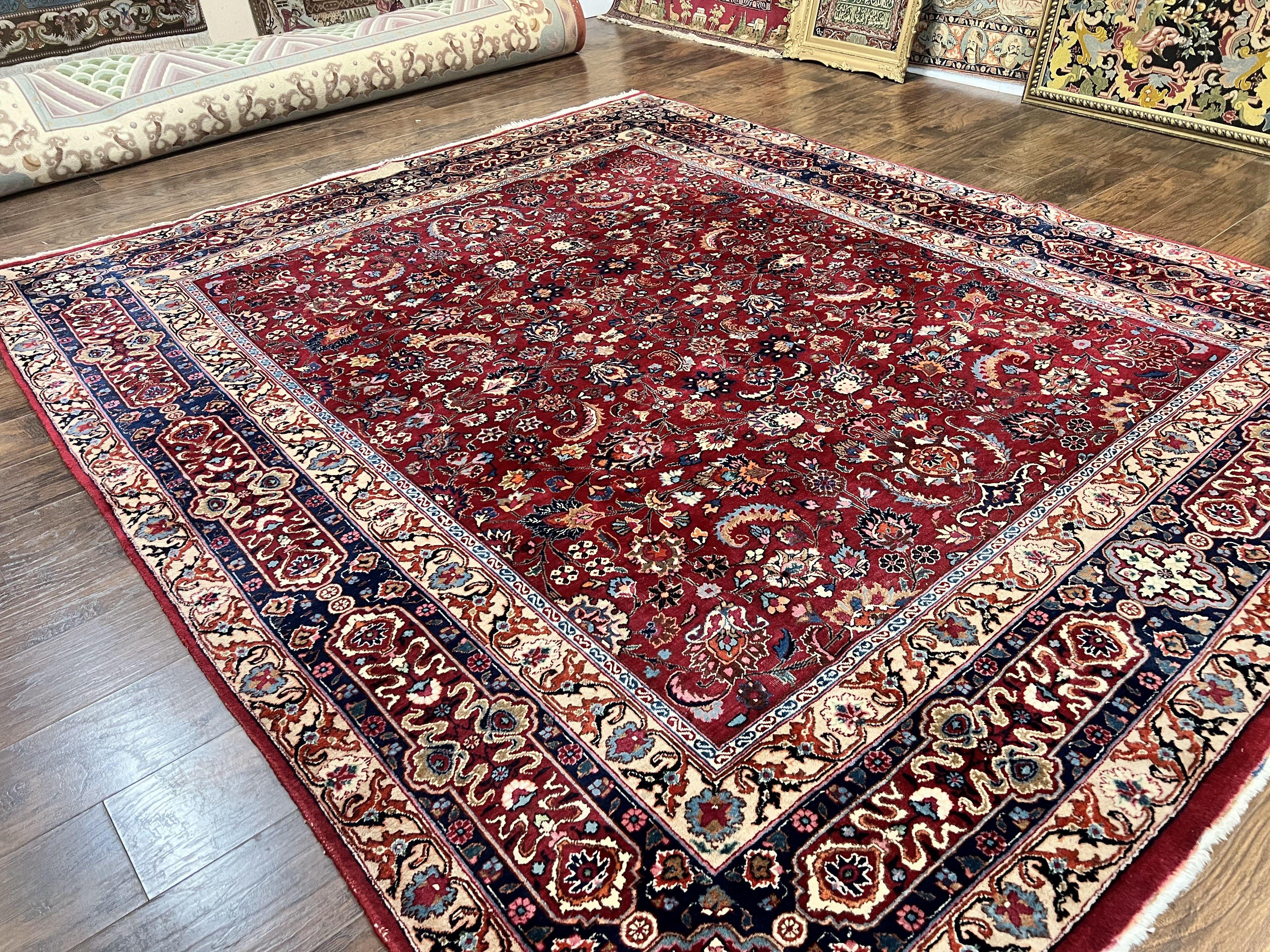 Signed Persian Mashad Rug 8x10, Wool Oriental Carpet, Semi Antique Rug, Hand Knotted, Traditional, Red, Floral Allover,