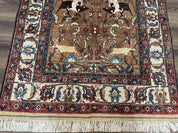 Unique Afghan Silk Rug 4x6, Hunting Pattern Animal Motifs, Light Brown and Cream, Persian Handwritten Poetry, Fine 1940s Oriental Carpet Wow