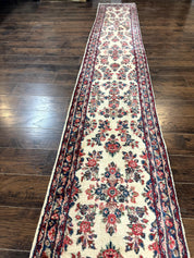 Persian Sarouk Runner Rug 2.4 x 21, Handmade Wool Floral Runner Rug for Hallway, 21ft Runner, Ivory
