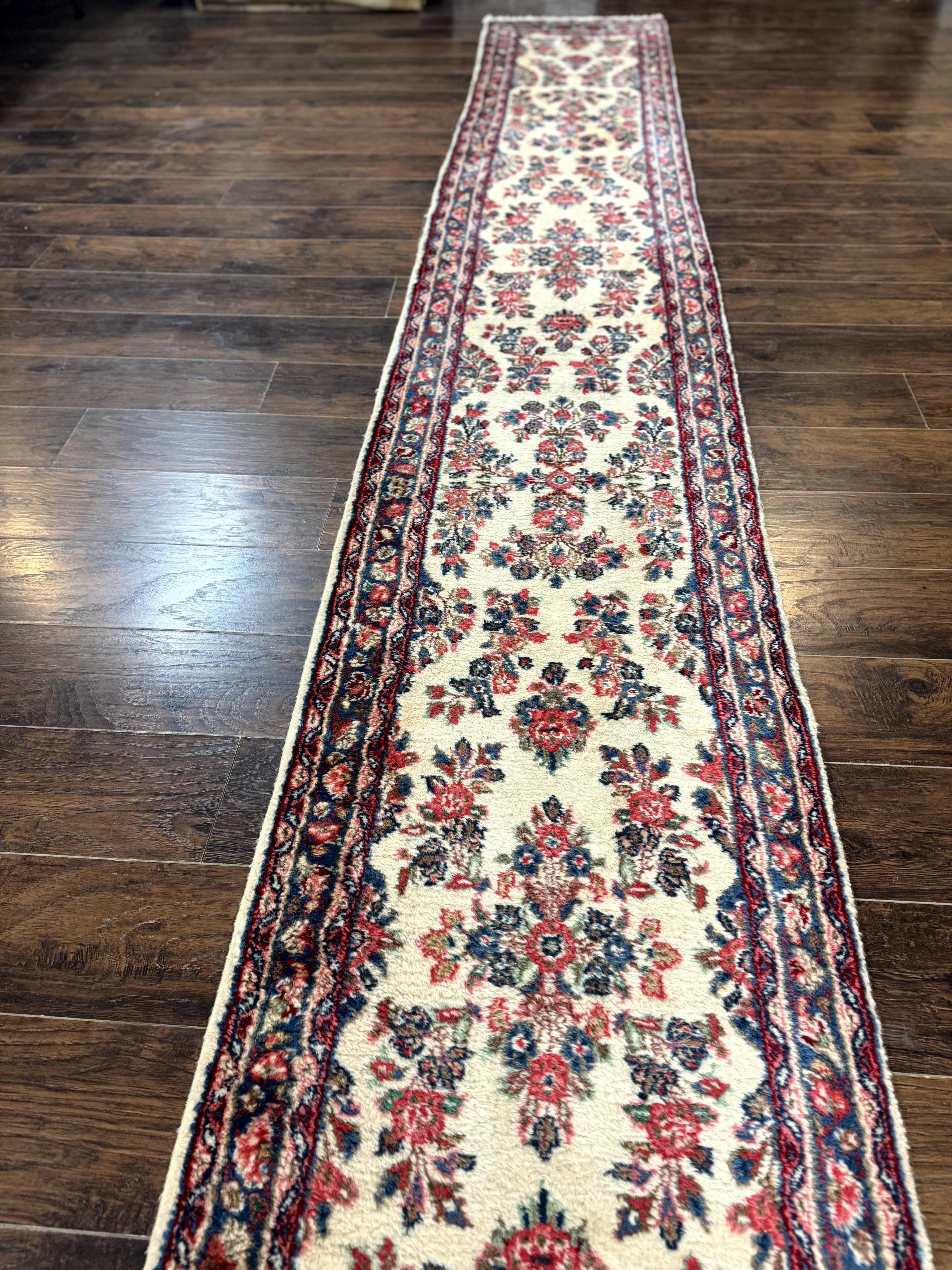 Persian Sarouk Runner Rug 2.4 x 21, Handmade Wool Floral Runner Rug for Hallway, 21ft Runner, Ivory