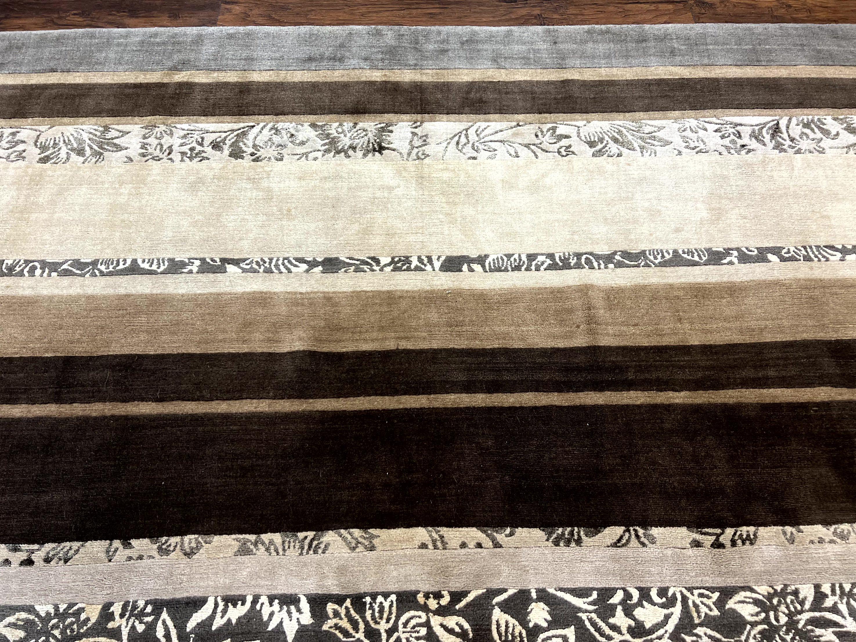 Modern Tibetan Nepali Rug 8x12, Stripe Pattern, Wool with Silk Highlights, Handmade, Beige Tan Brown