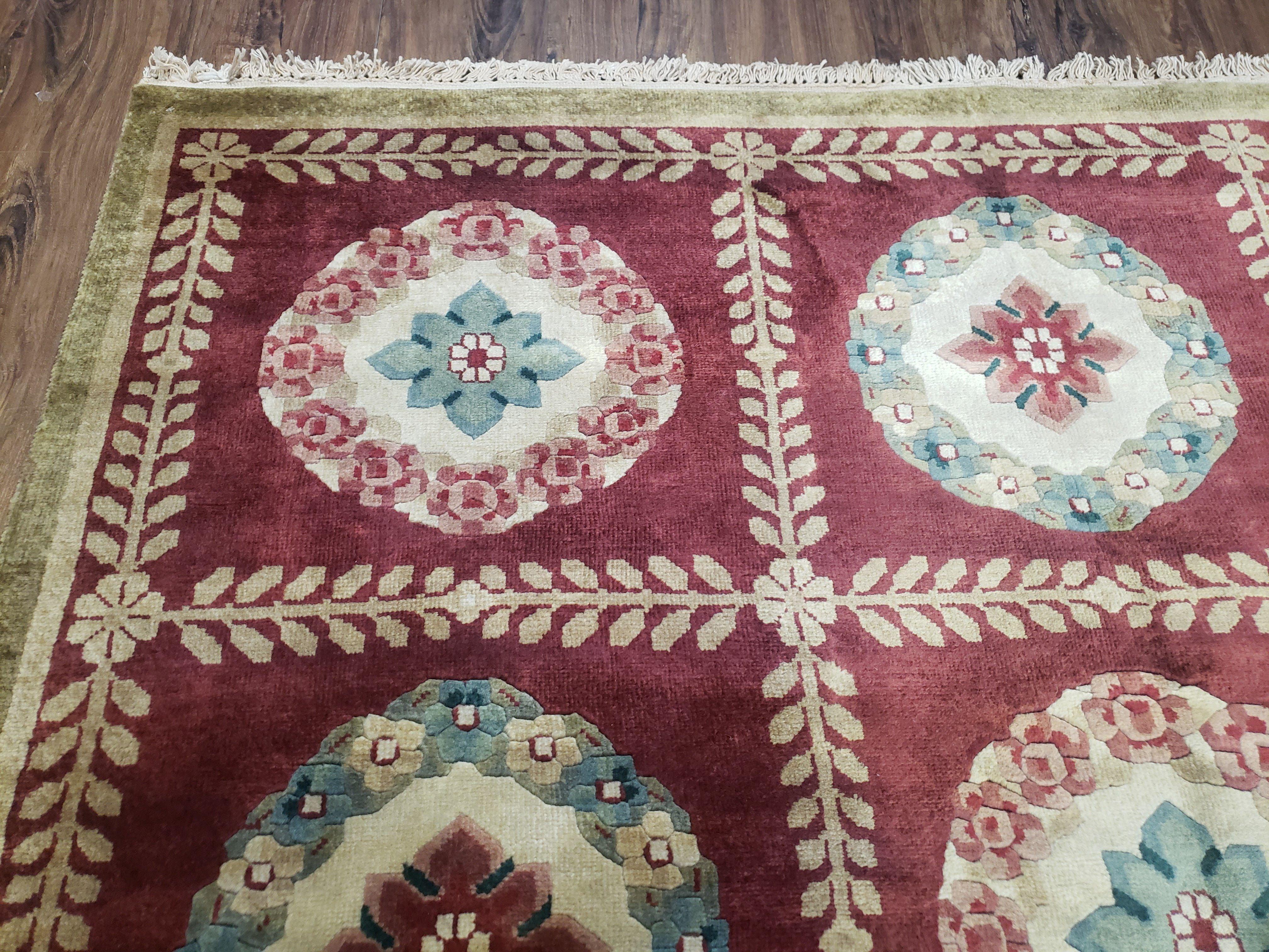 Nepalese Aubusson Panel Rug 6x9, Red & Ivory Soft Plush Tibetan Pile Rug, Wool Hand-Knotted Carpet, 6 x 9 Elegant Area Rug, Office Room Rug