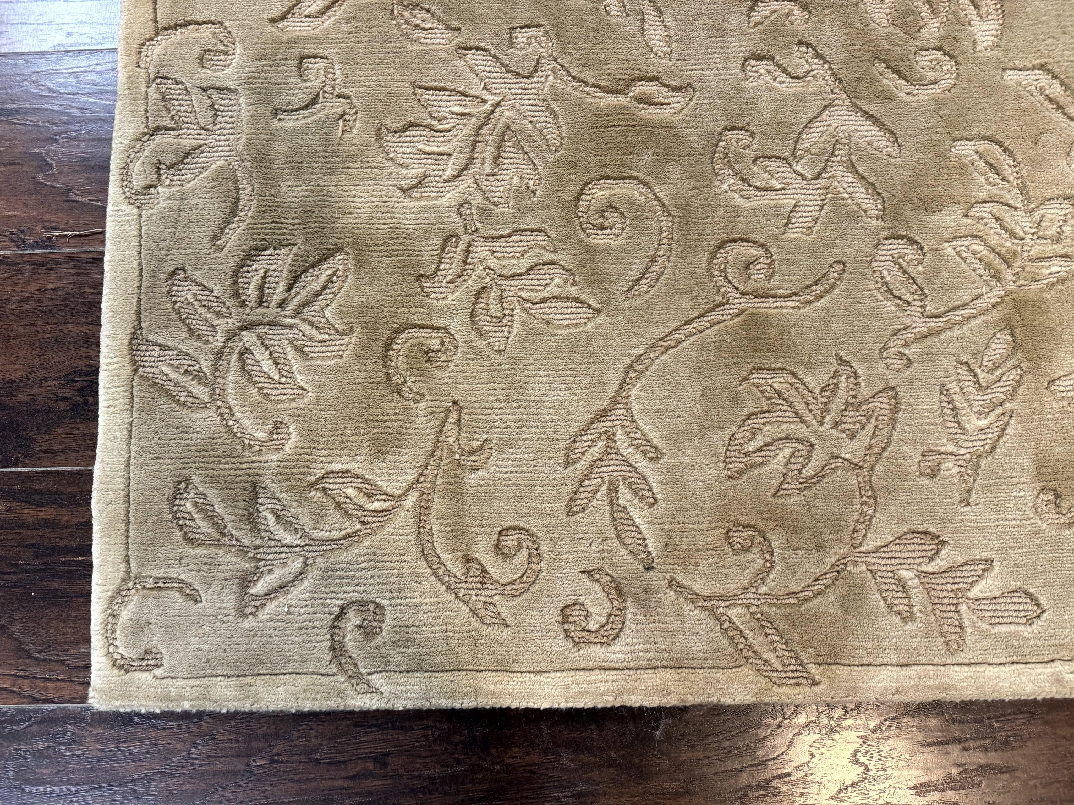 Modern Tibetan Rug 3.7 x 5.5, Carved Floral Design, Wool and Silk Highlights