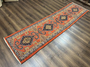 Rare Persian Tribal Runner Rug 3 x 11, Sarab Serab Persian Runner, Antique 1920s Collectible Geometric Medallions Oriental Wool Runner, Hand Knotted, Bright Orange-Red