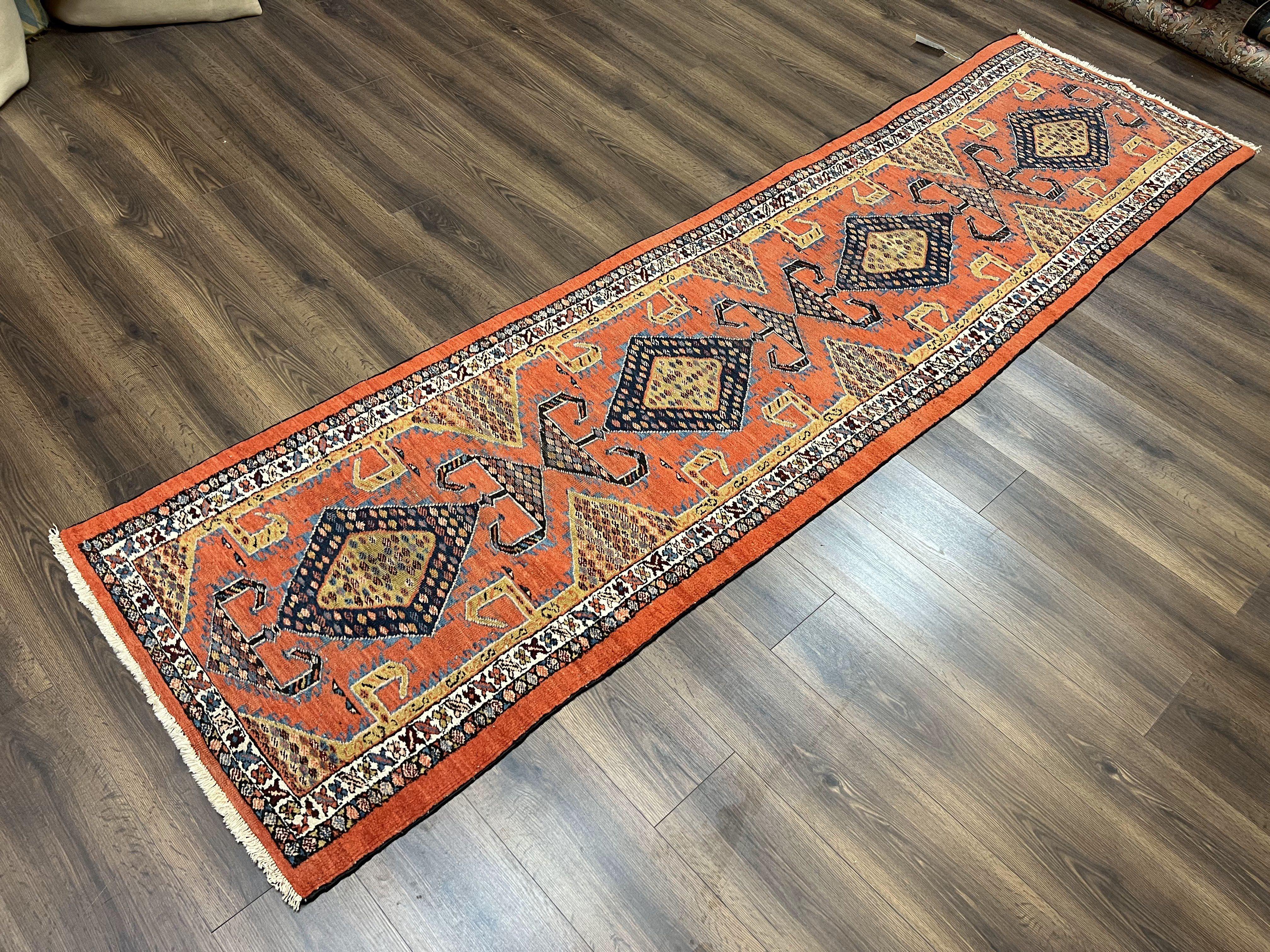 Rare Persian Tribal Runner Rug 3 x 11, Sarab Serab Persian Runner, Antique 1920s Collectible Geometric Medallions Oriental Wool Runner, Hand Knotted, Bright Orange-Red