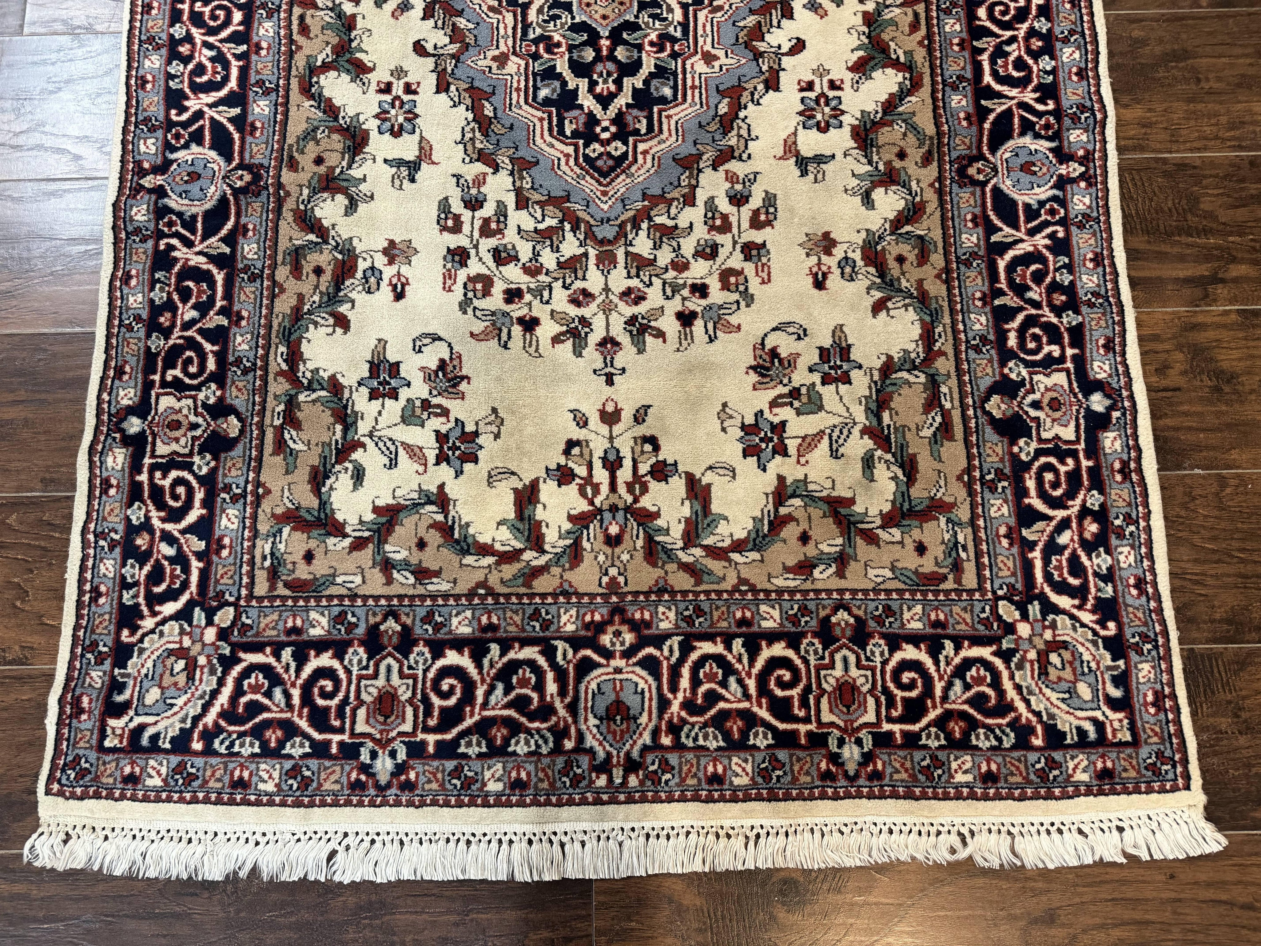 Indian Kashmiri Rug 4x6, Ivory Beige Navy Blue, Traditional Indo Persian Rug