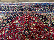 Traditional Persian Rug 8x11, Red Navy Blue, Floral Medallion, Antique Persian Mashad Carpet, Wool