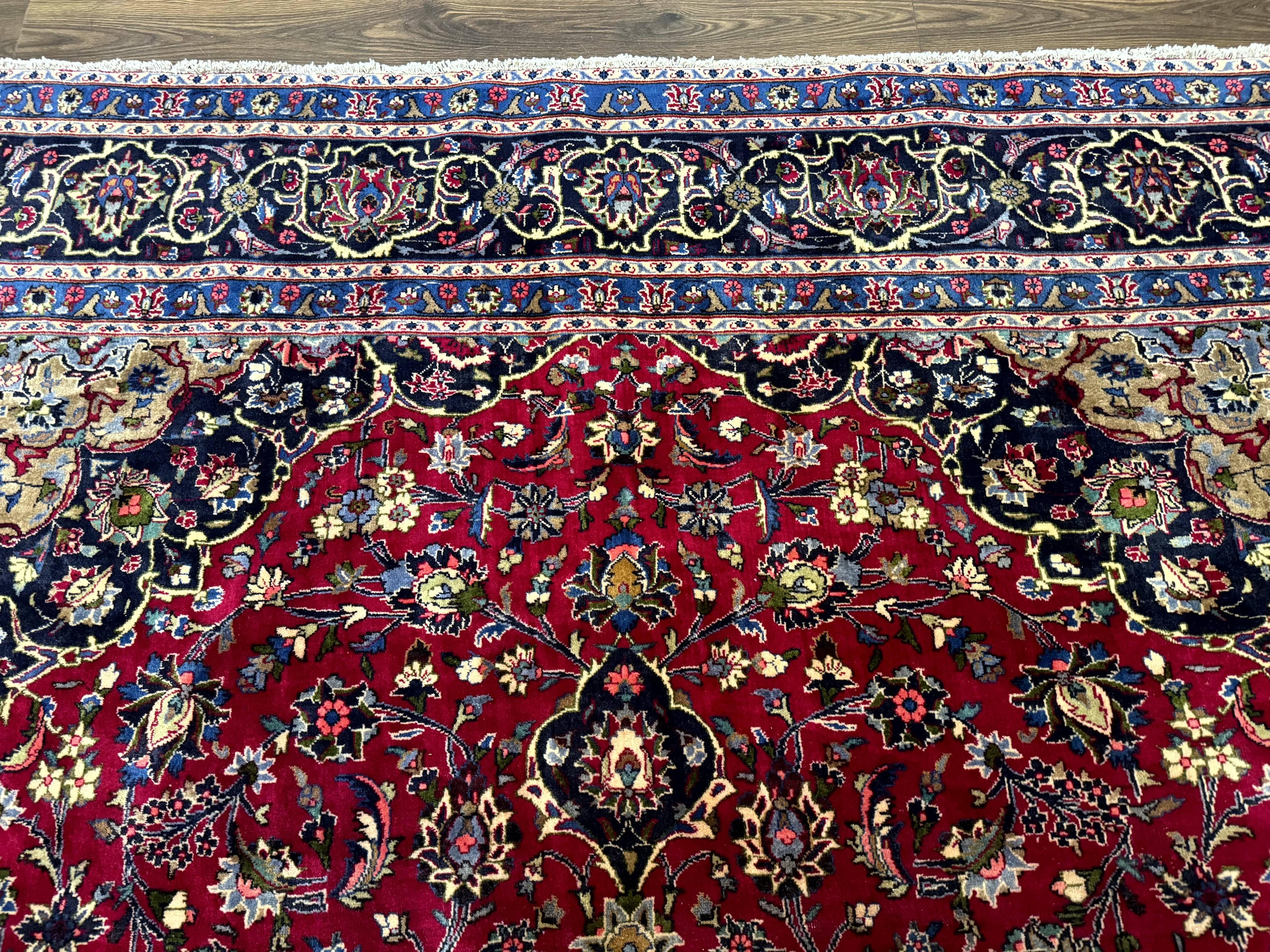 Traditional Persian Rug 8x11, Red Navy Blue, Floral Medallion, Antique Persian Mashad Carpet, Wool