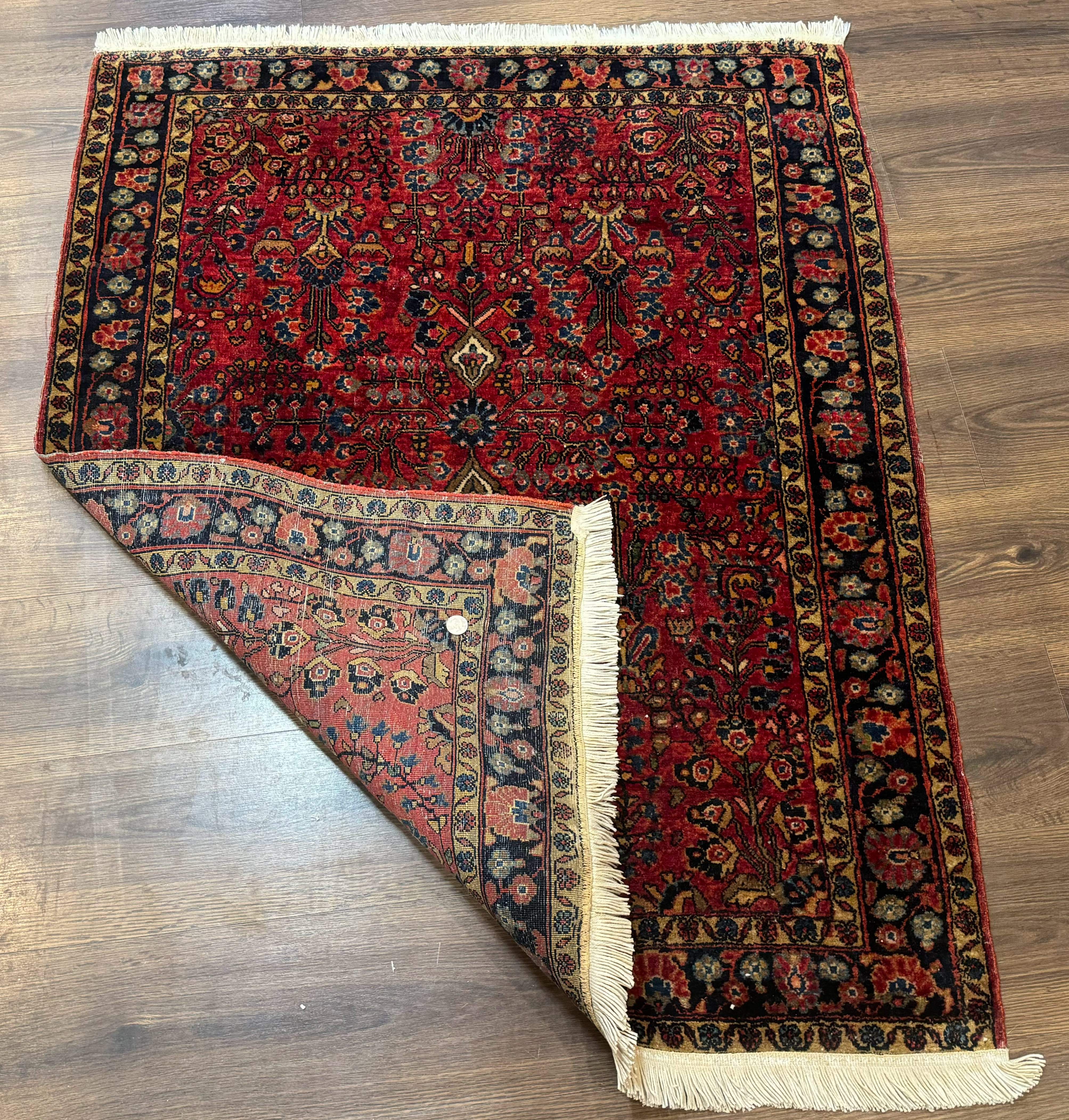 Antique Persian Sarouk Rug 3x4, Red, Floral, 1920s Wool Rug