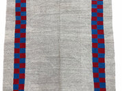 Gray Turkish Kilim Carpet 5' 7" x 7' 7", Medium Kilim Rug, Hand-Knotted, Blue & Red Border, Minimalistic Design, Geometric, Wool, New