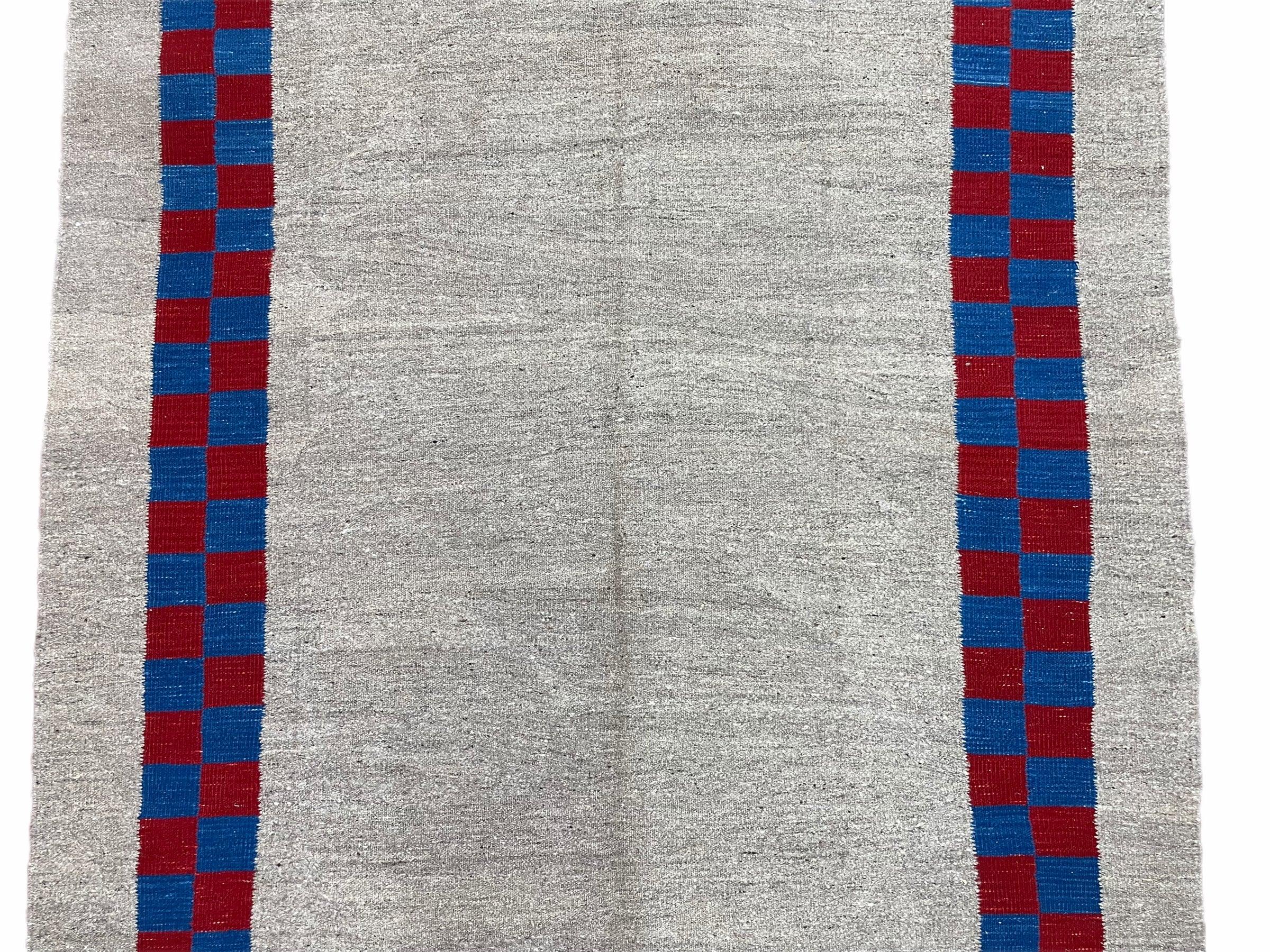 Gray Turkish Kilim Carpet 5' 7" x 7' 7", Medium Kilim Rug, Hand-Knotted, Blue & Red Border, Minimalistic Design, Geometric, Wool, New
