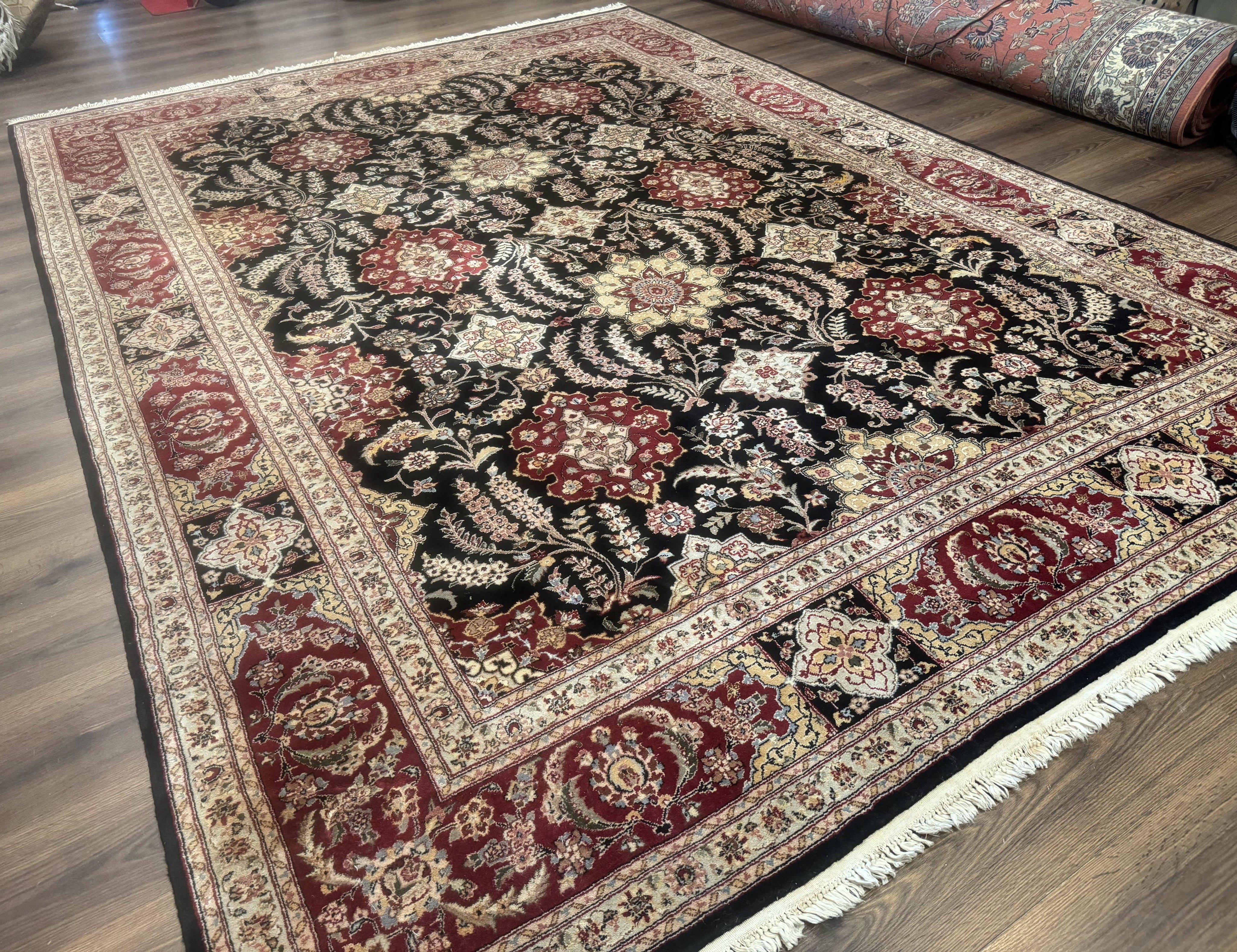 Sino Persian Rug 9x12, Black & Maroon, Wool and Silk, Allover Pattern