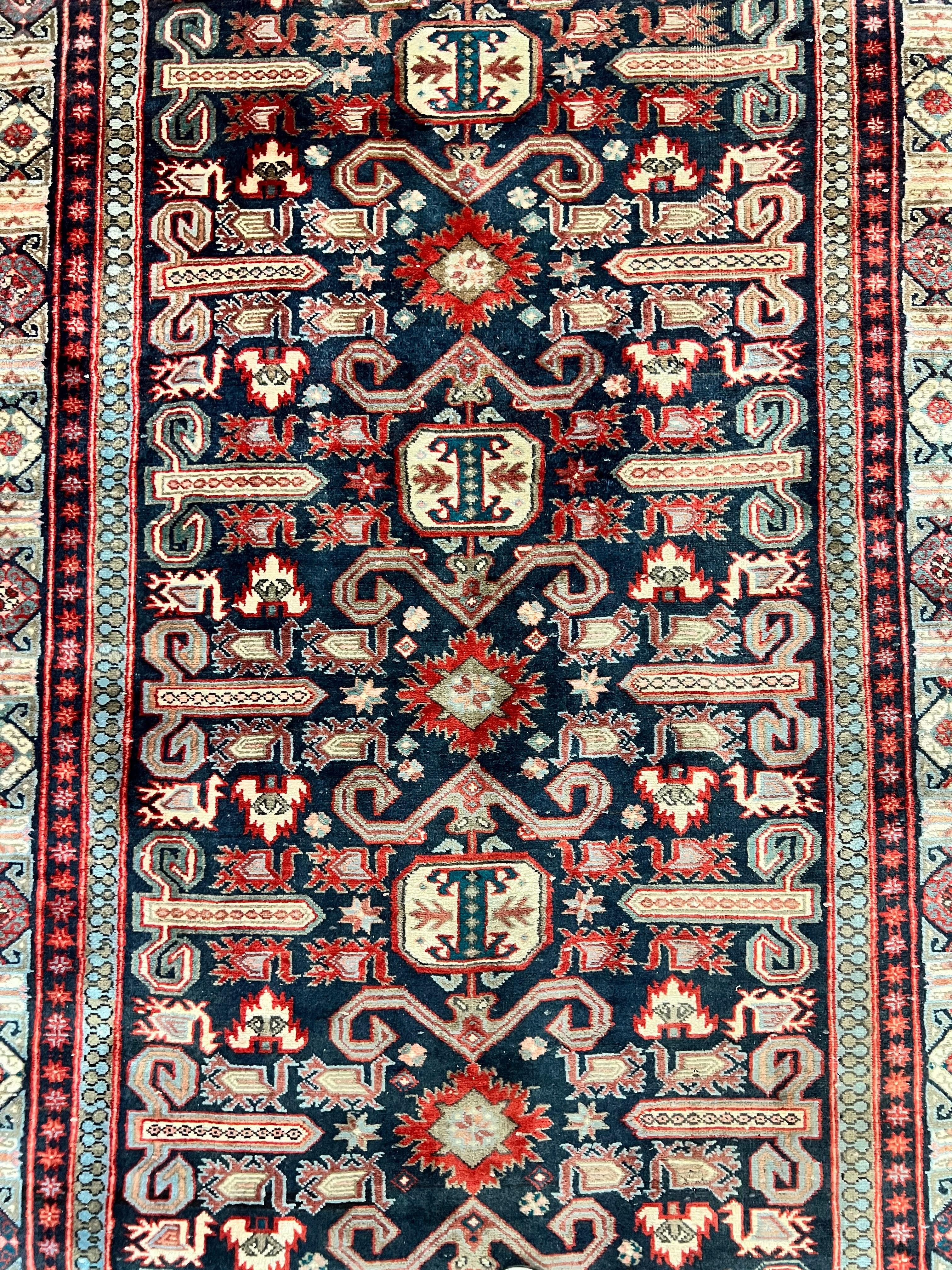 Persian Wide Runner Rug 4.8 x 10, Persian Kalegi Ardabil Rug, Perpedil Caucasian Rug, Antique Handmade Wool Carpet, Navy Blue Red, Tribal Rug