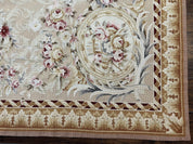 Aubusson Rug 9x12, Elegant Savonnerie Carpet 9 x 12 ft, Beige Ivory Tan, Floral, Flatweave Wool Handmade Area Rug 9 x 12 ft, European French