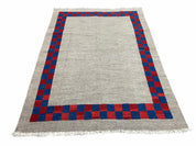 5' 7" x 7' 9" Geometric Kilim Carpet, Gray, Handmade, Hand-Knotted Area Rug, Blue & Red, Flatweave, Wool, New, Checkerboard Pattern