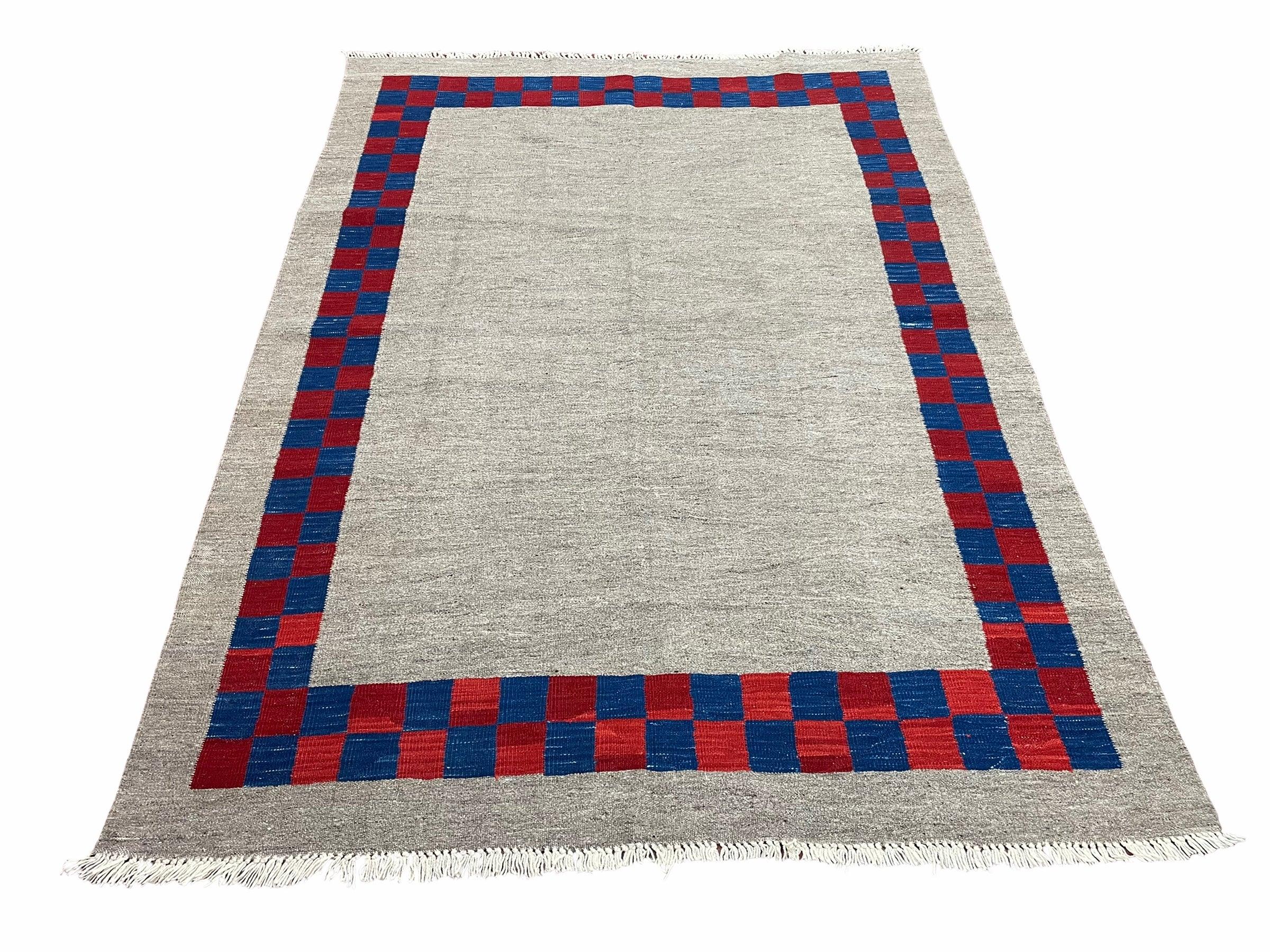 5' 7" x 7' 9" Geometric Kilim Carpet, Gray, Handmade, Hand-Knotted Area Rug, Blue & Red, Flatweave, Wool, New, Checkerboard Pattern