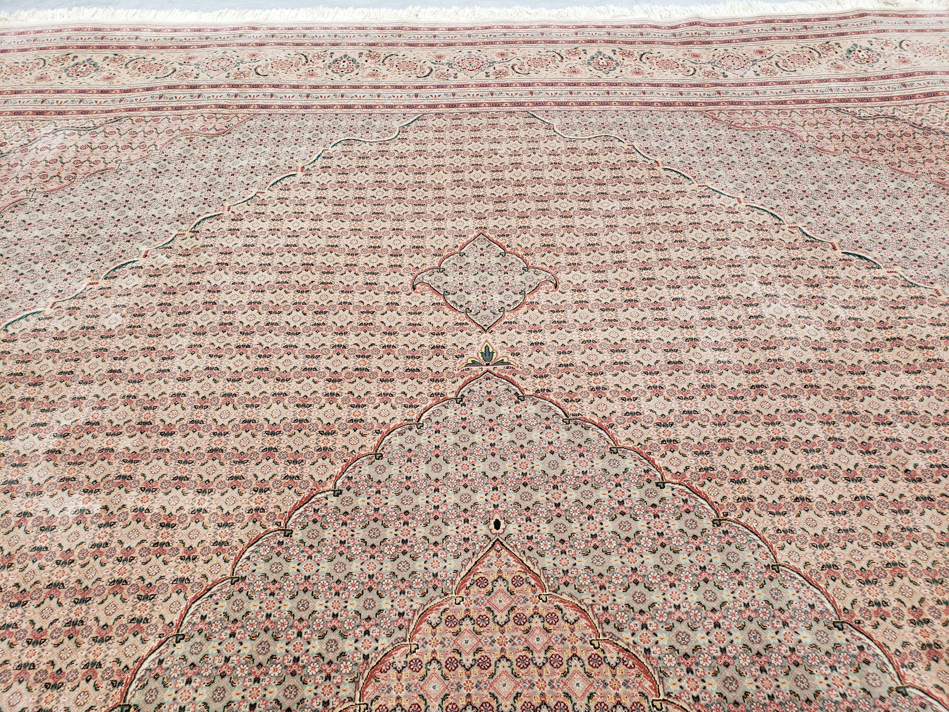 Stunning Oversized Sino Persian Oriental Rug 12x15, Hand Knotted Wool & Silk Palace Sized Carpet, Mahi Pattern, Very Fine, Peach Beige, Wow