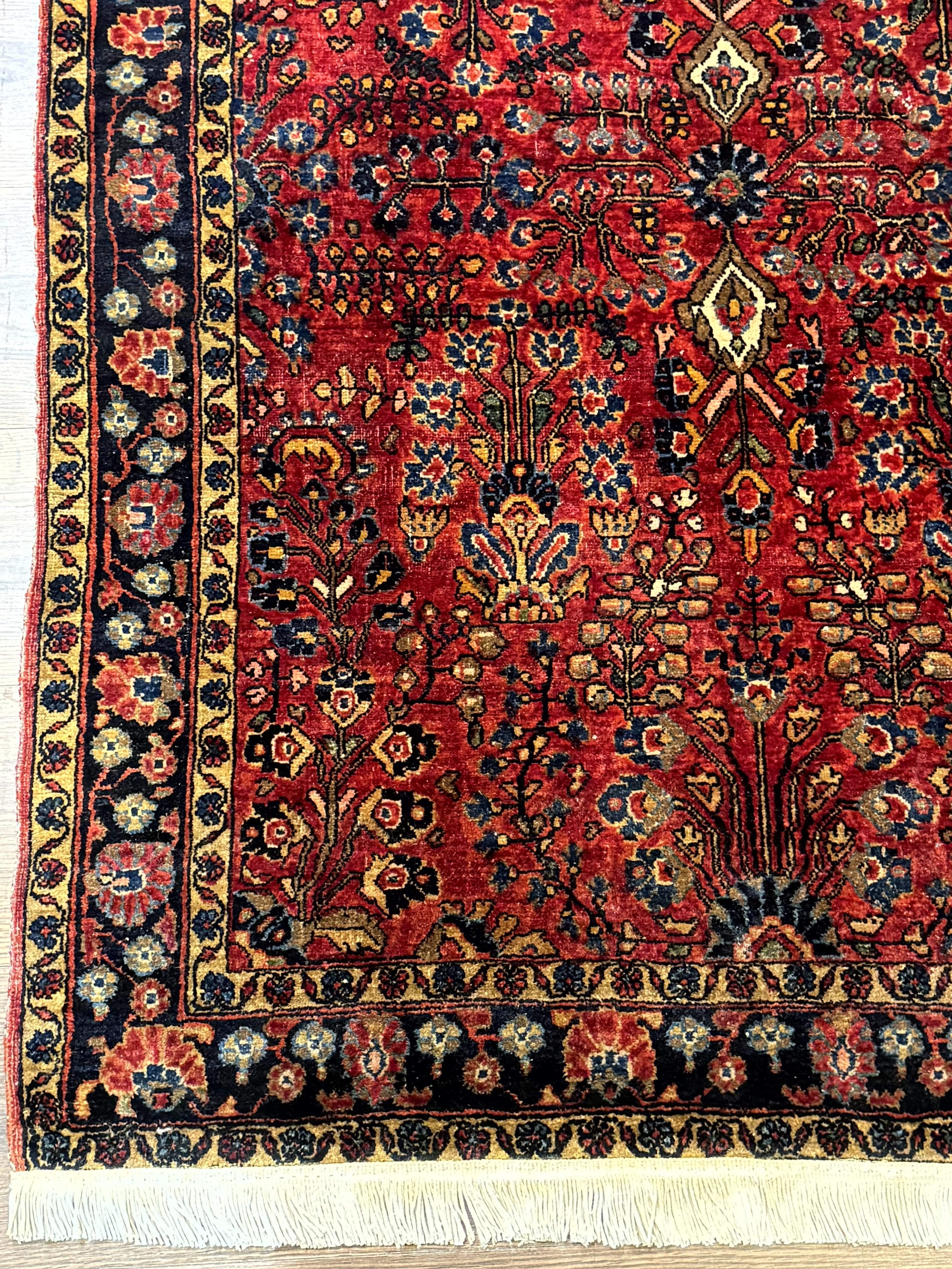 Antique Persian Sarouk Rug 3x4, Red, Floral, 1920s Wool Rug