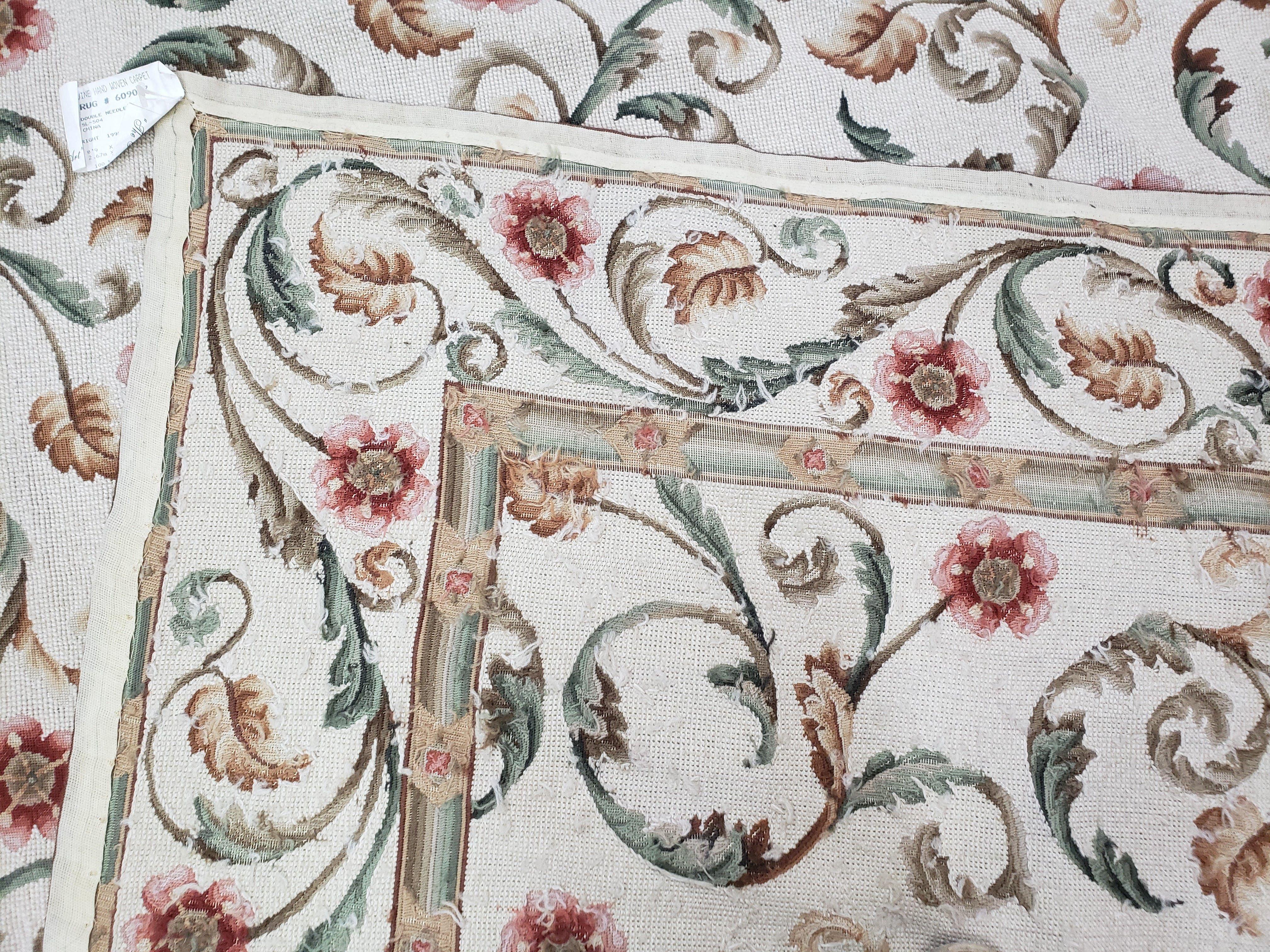 Needlepoint Rug 9x12, European Aubusson Design, Floral Allover Garden Pattern, New Needlepoint Area Rug, Ivory Rug, Hand Woven, Flatweave