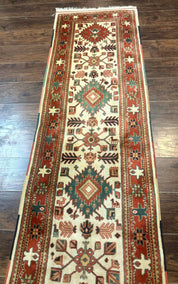 Turkish Runner Rug 2.4 x 8, Kazak Geometric Heriz Pattern, Beige Red