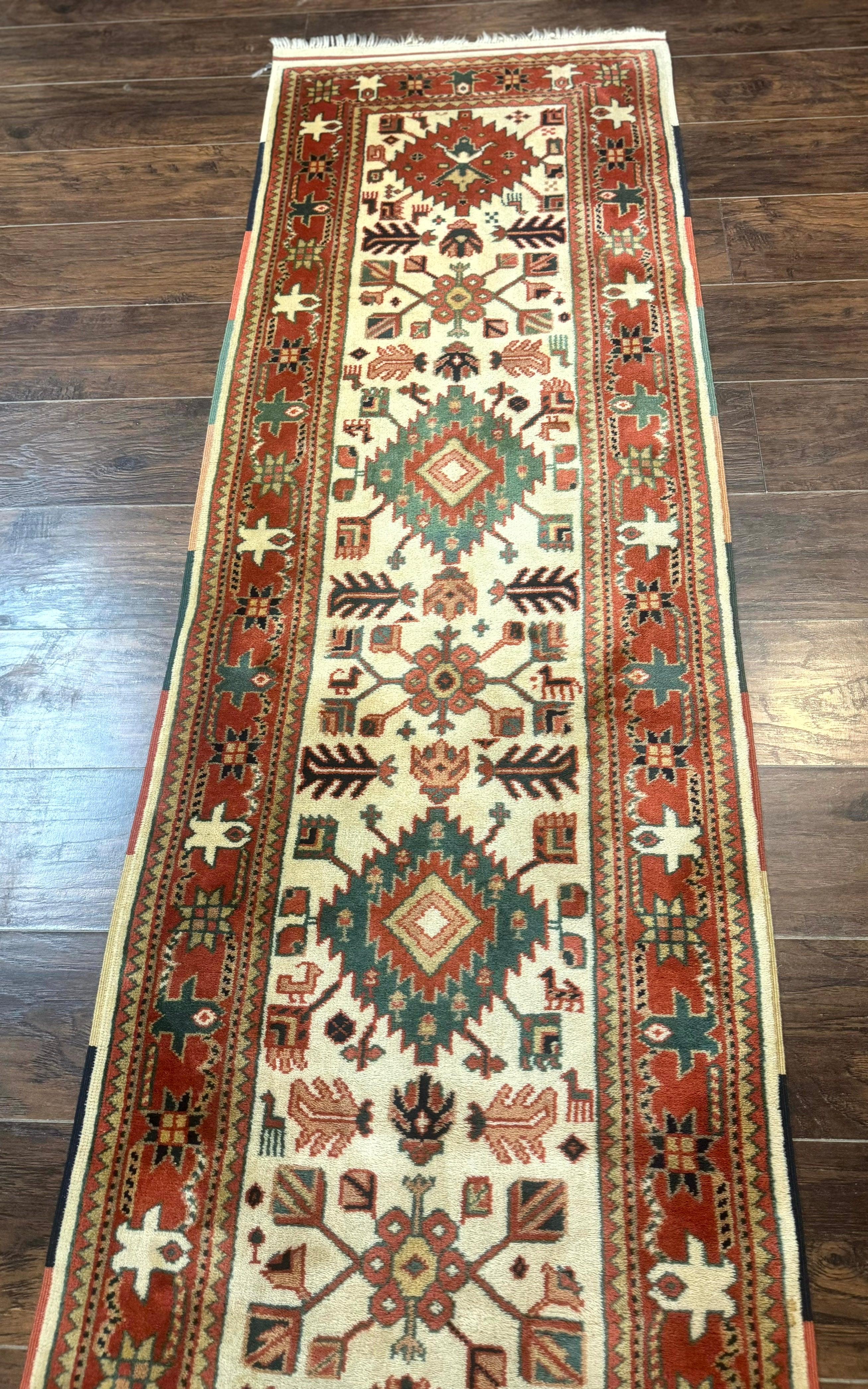 Turkish Runner Rug 2.4 x 8, Kazak Geometric Heriz Pattern, Beige Red