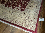 Pakistani Peshawar Rug 10x14, Handmade Chobi Carpet, Maroon & Beige