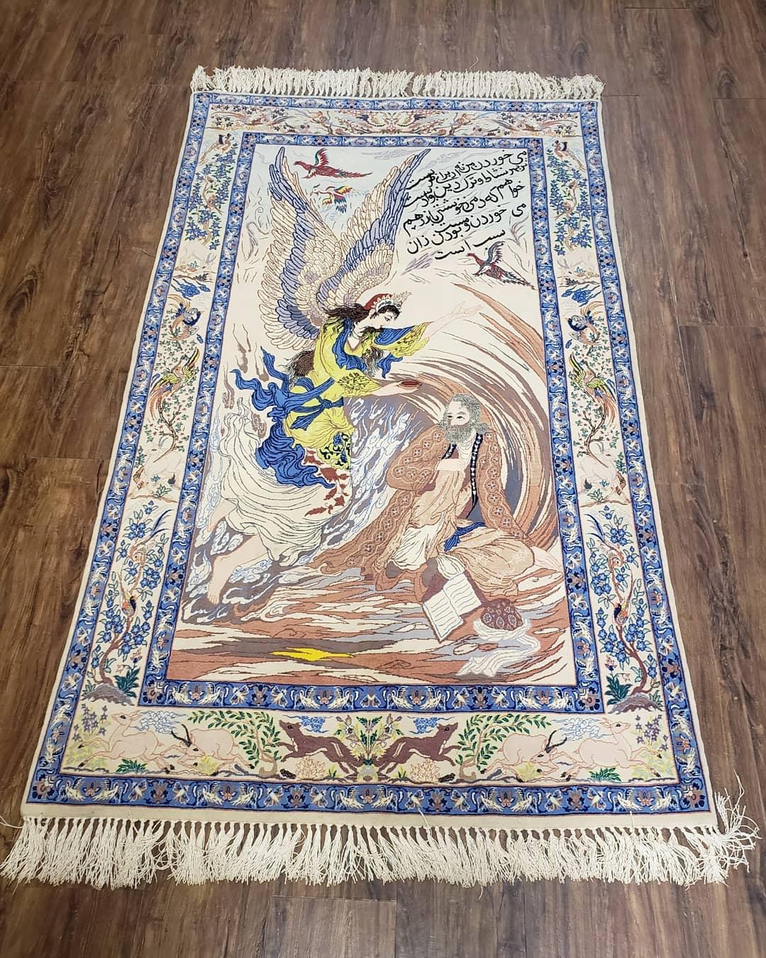 Semi Antique Persian Pictorial Rug 3'6" x 6", Angel Speaking to Prophet, Kork Wool on Silk Foundation, Detailed, Animals, Poetry, Wall Hanging Rug