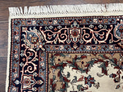 Indian Kashmiri Rug 4x6, Ivory Beige Navy Blue, Traditional Indo Persian Rug