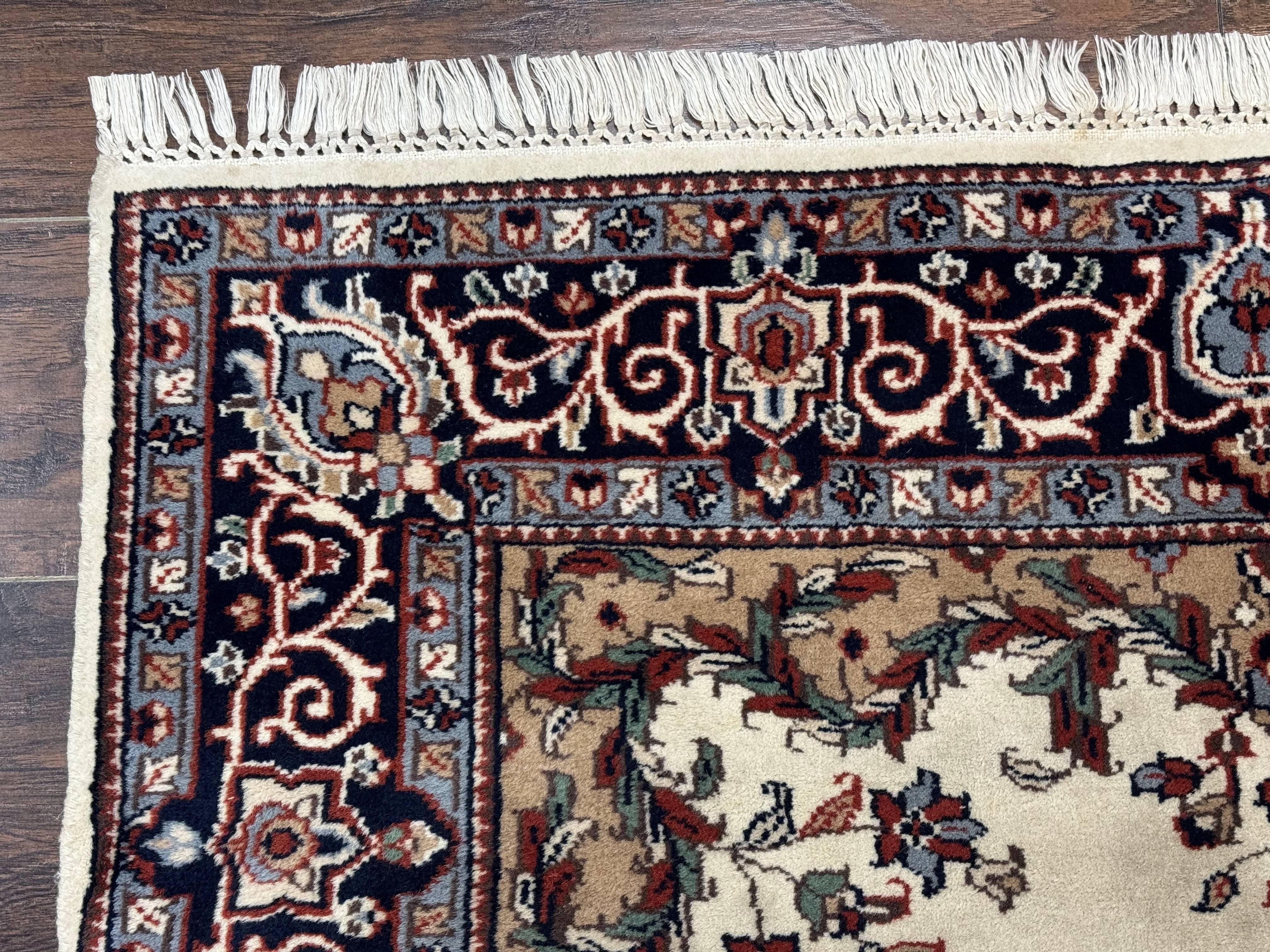 Indian Kashmiri Rug 4x6, Ivory Beige Navy Blue, Traditional Indo Persian Rug