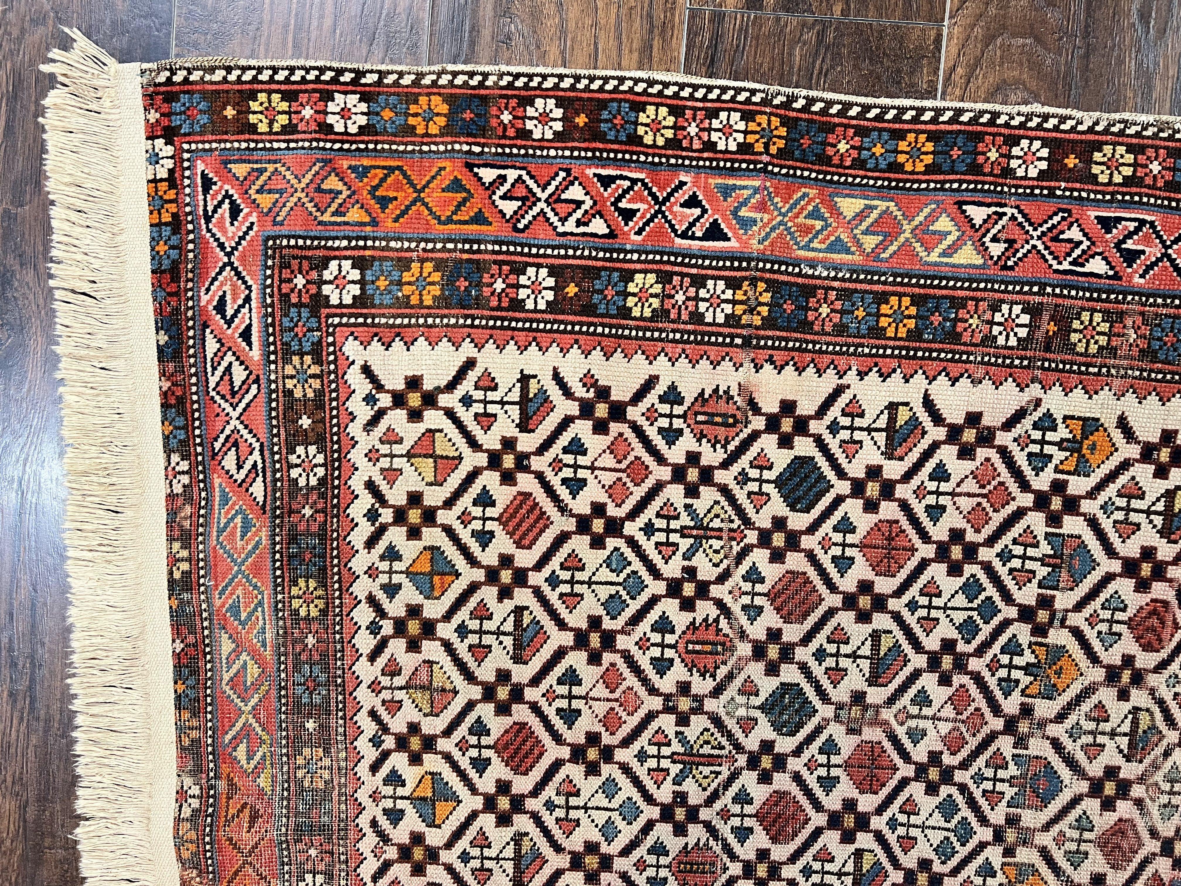 Antique Caucasian Rug 4x5, Hand Knotted Handmade Shirvan Oriental Carpet, Ivory Red Rug Allover Pattern, Rare Wool Rug, Tribal Geometric Rug