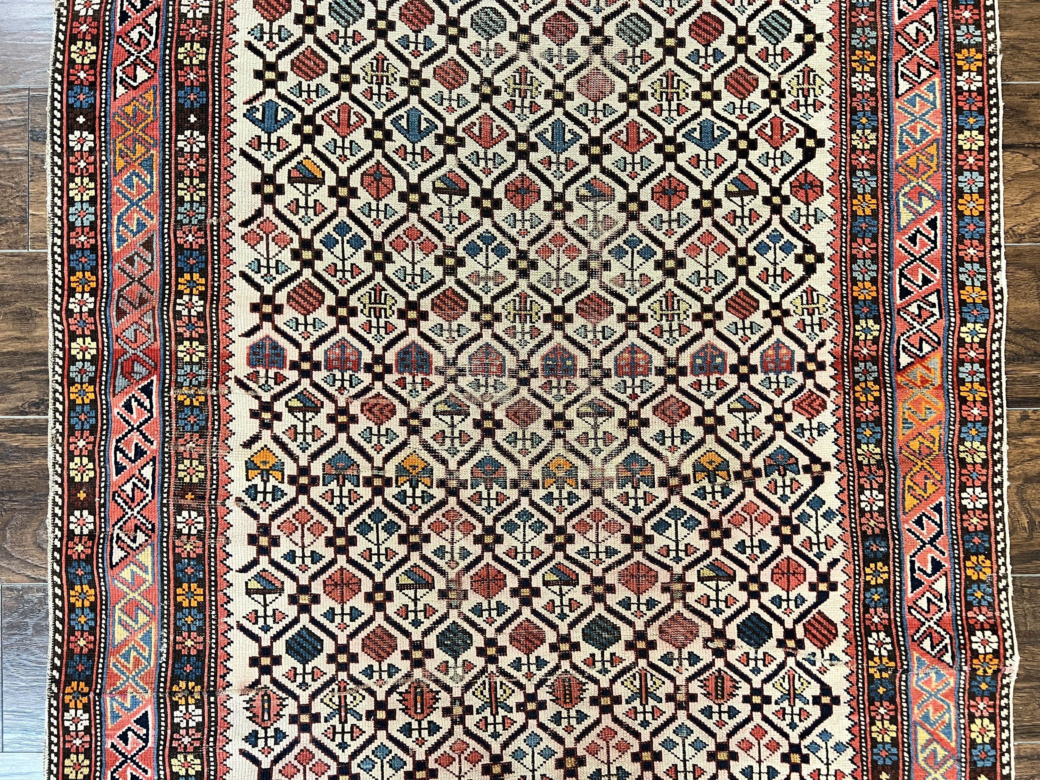 Antique Caucasian Rug 4x5, Hand Knotted Handmade Shirvan Oriental Carpet, Ivory Red Rug Allover Pattern, Rare Wool Rug, Tribal Geometric Rug