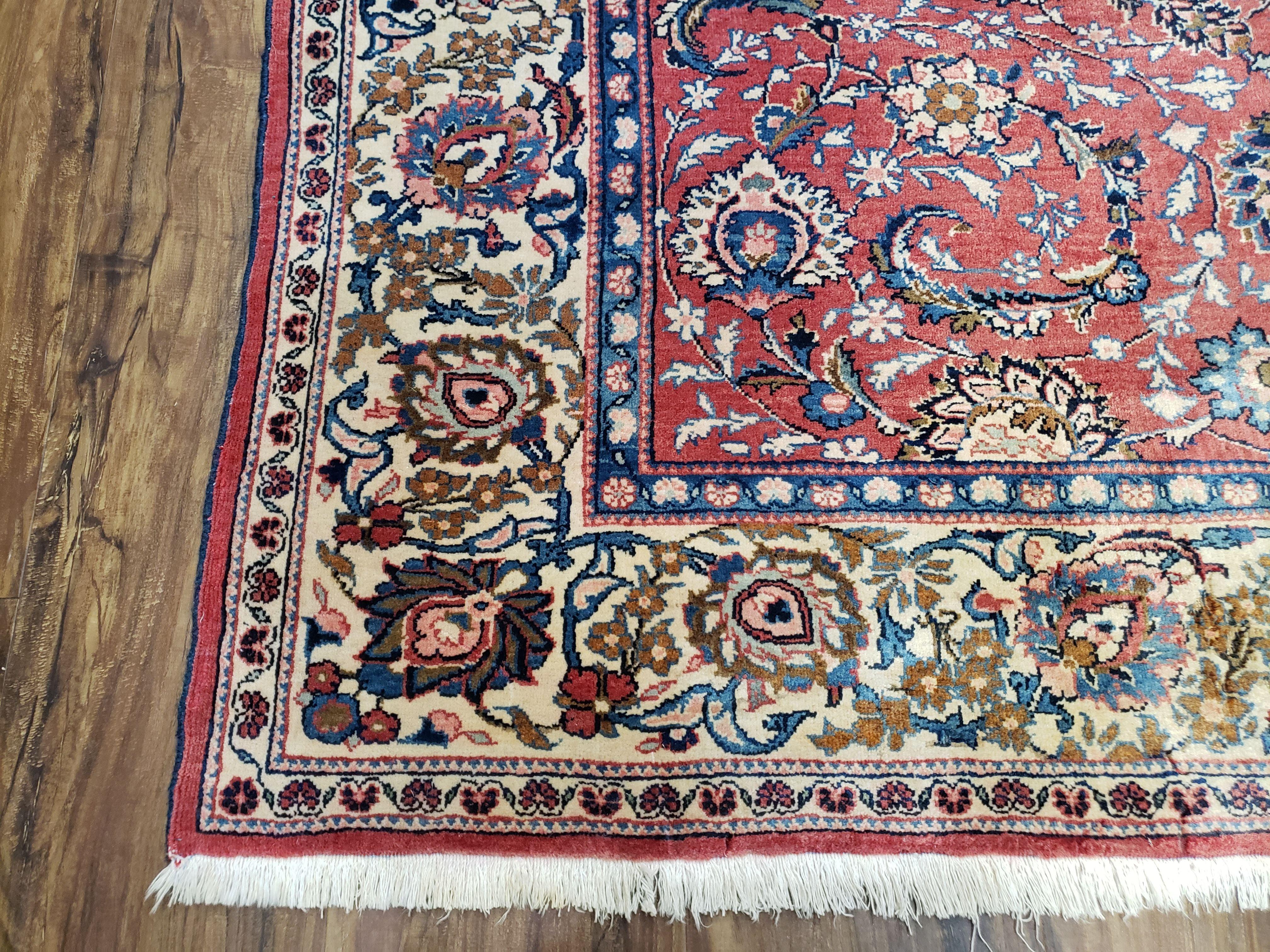 Semi Antique Persian Kashan Rug, Red & Beige, Hand-Knotted, Wool, 4'7" x 6' 6", Pair B